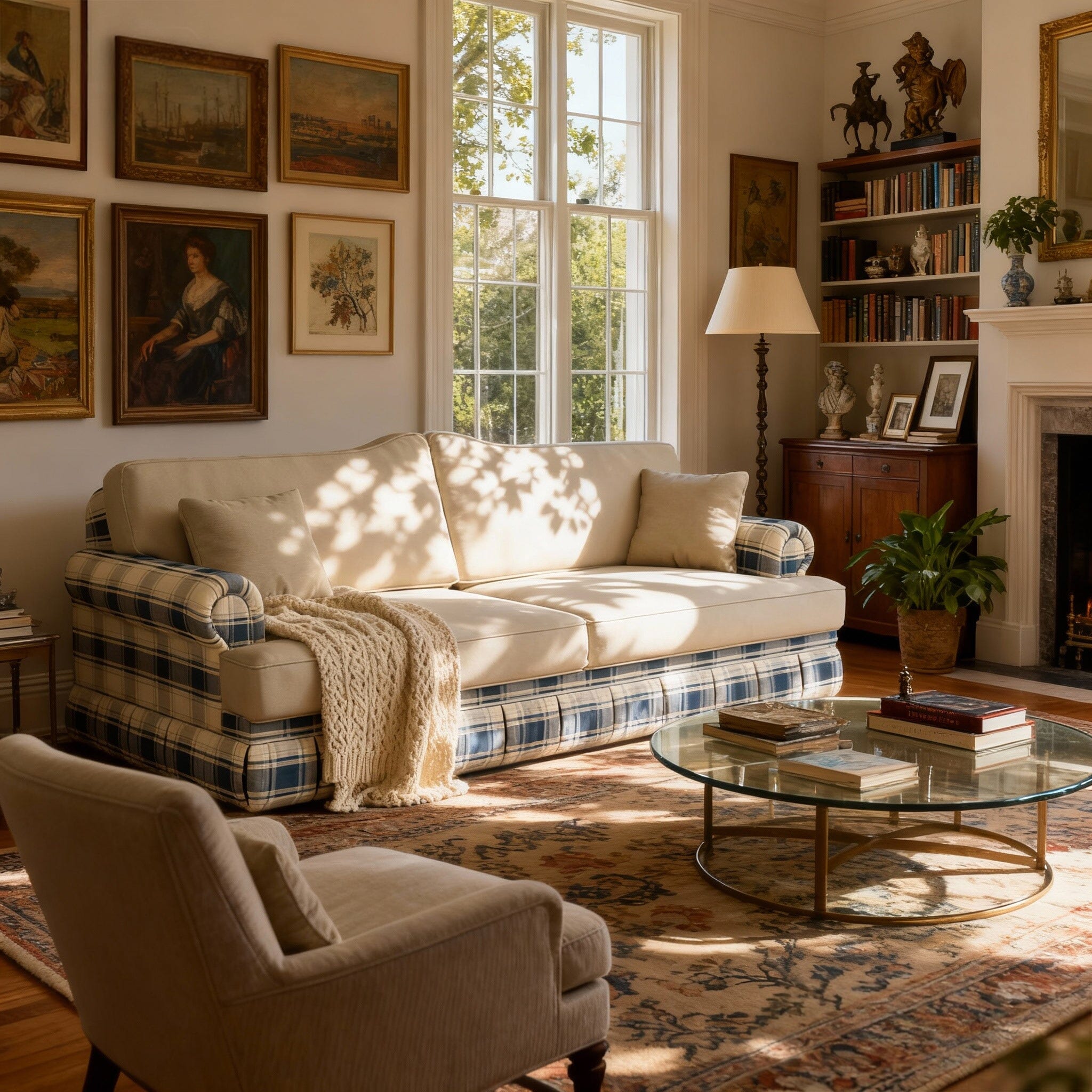 Cottonfy Heritage Plaid Skirted Sofa with Concealed Storage Drawers Living and Home 180 CM Sand Plaid Cotton Linen 