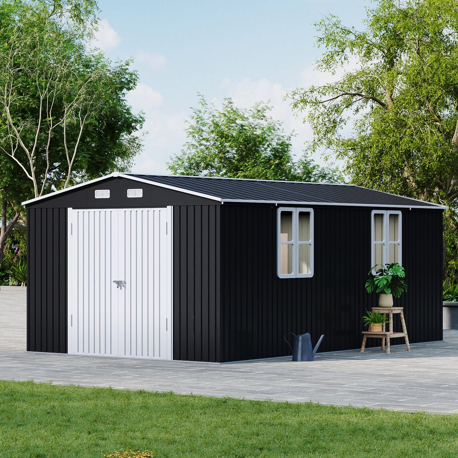 12x10ft / 10x12ft / 10x16ft Charcoal Black Galvanized Steel Storage Shed with Double Lockable Doors & Grid Windows Living and Home 