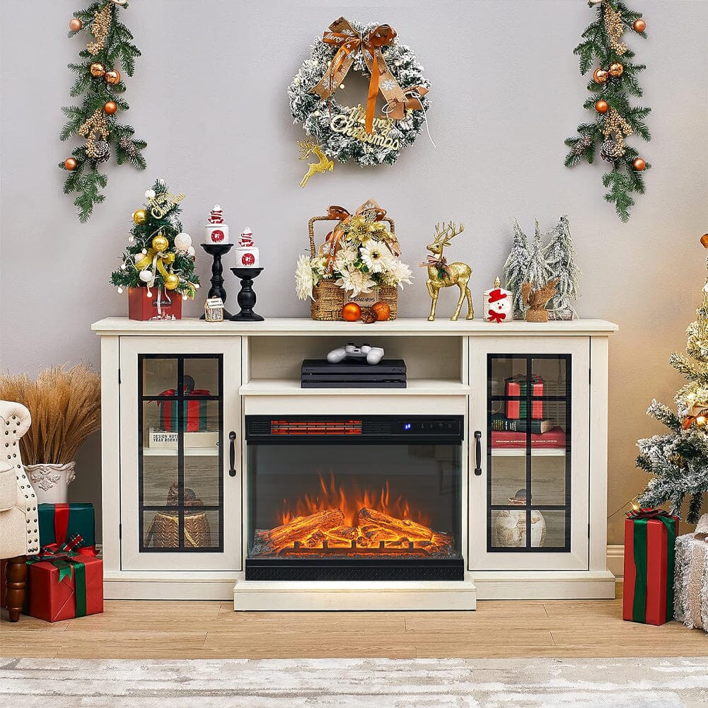 Smallbee Panoramic Glass Fireplace TV Stand with Storage Cabinets, Customizable Flames & Remote Control Smallbee UK Fireplace + TV Stand White 