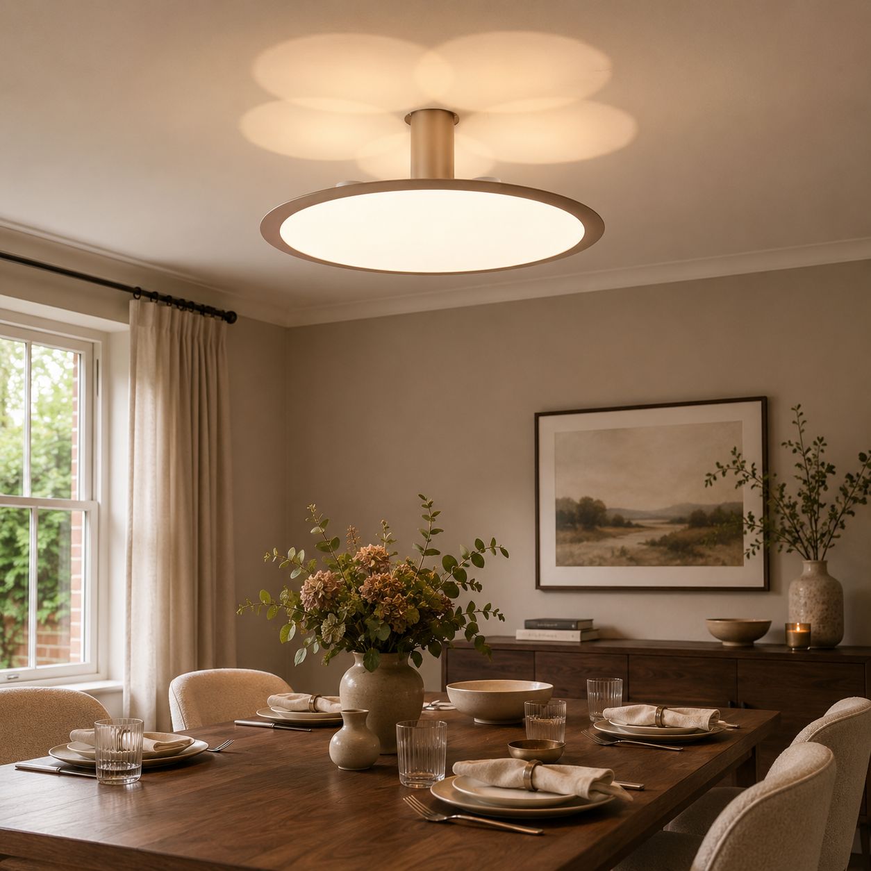 rose gold aluminum pendant light over a round dining table
