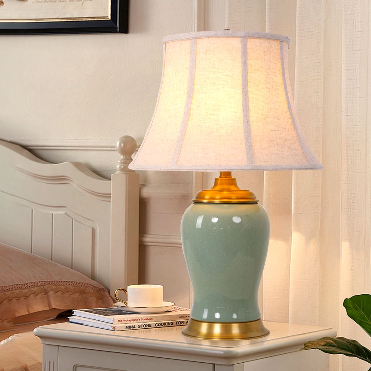 Lightsin Vintage Green Crackle Ceramic Table Lamp with Fabric Shade Lightsin UK 