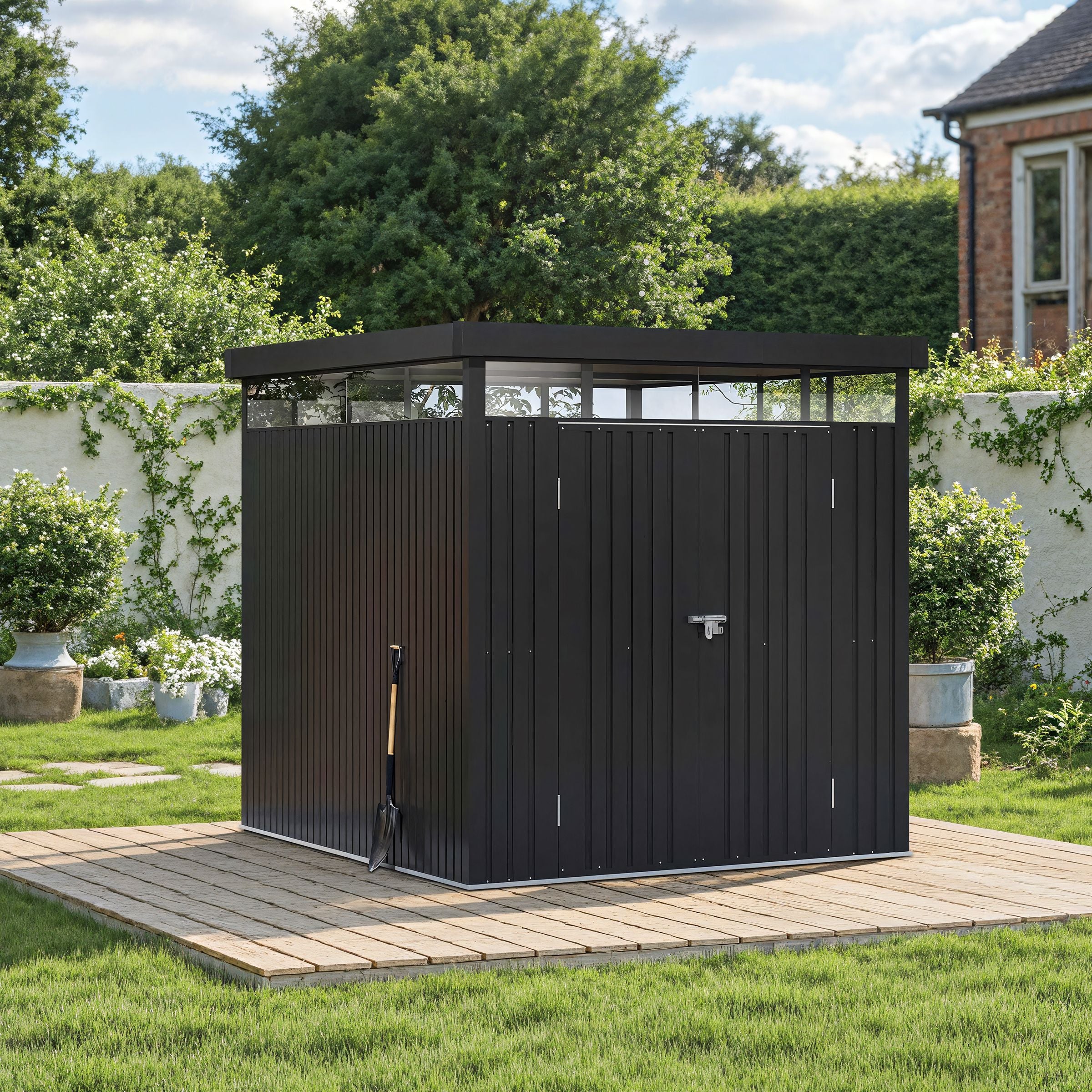 2x2.6x2m/1.6x2.6x2m/2.6x3x2m/4x3x2m Charcoal Black Galvanized Steel Storage Shed with Double/Single Lockable Doors Living and Home 