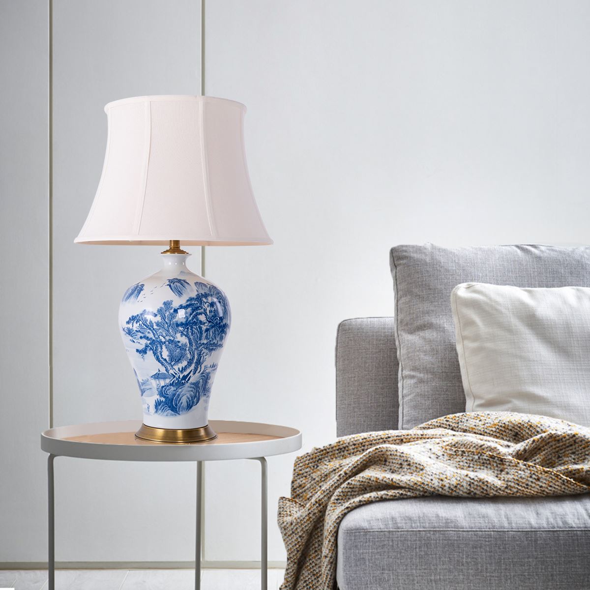 Lightsin Classic Blue and White Ceramic Table Lamp with Fabric Shade Lightsin UK 