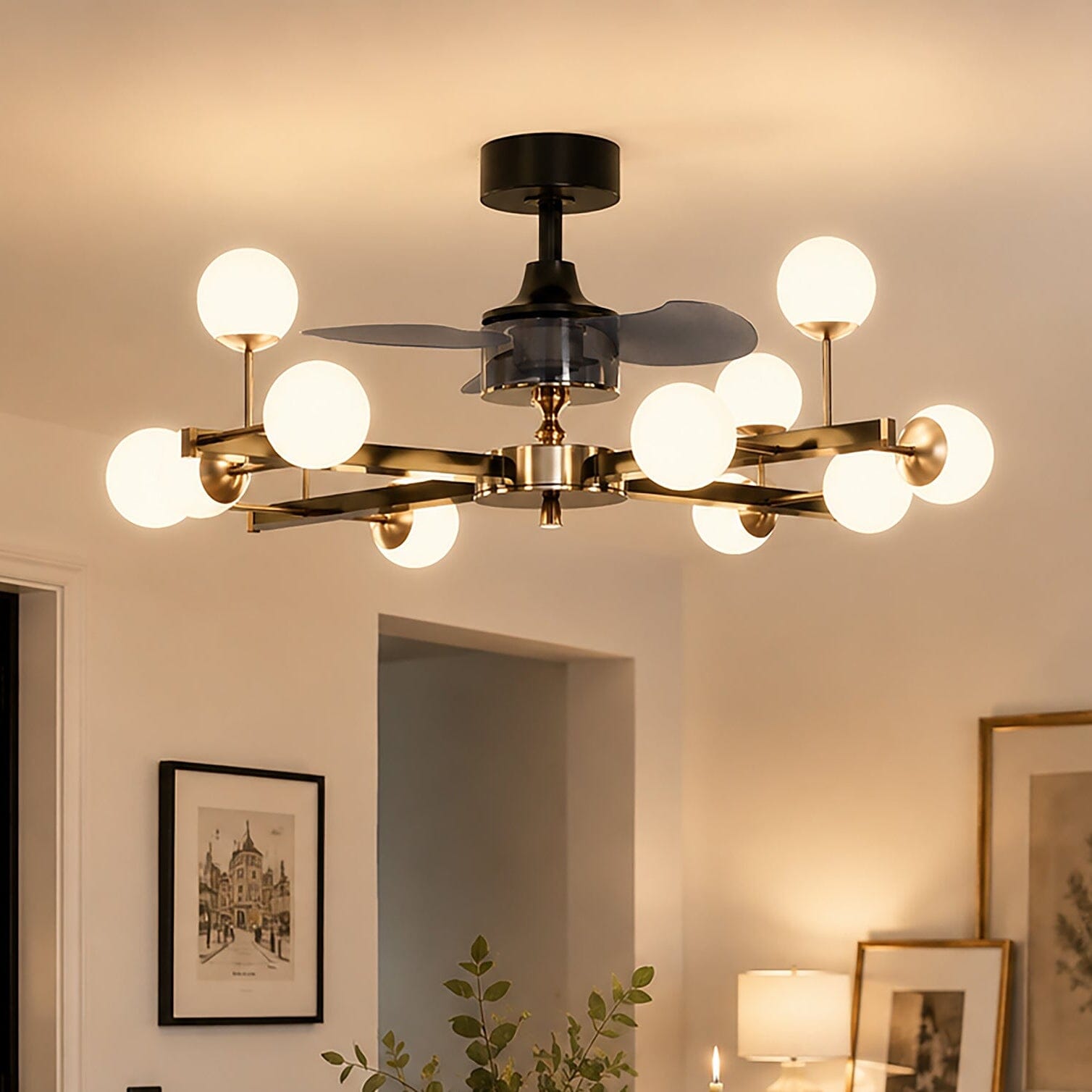 Lightsin Modern Black & Gold Sphere Finish 3-Blade Ceiling Fan Light with Remote Lightsin UK 