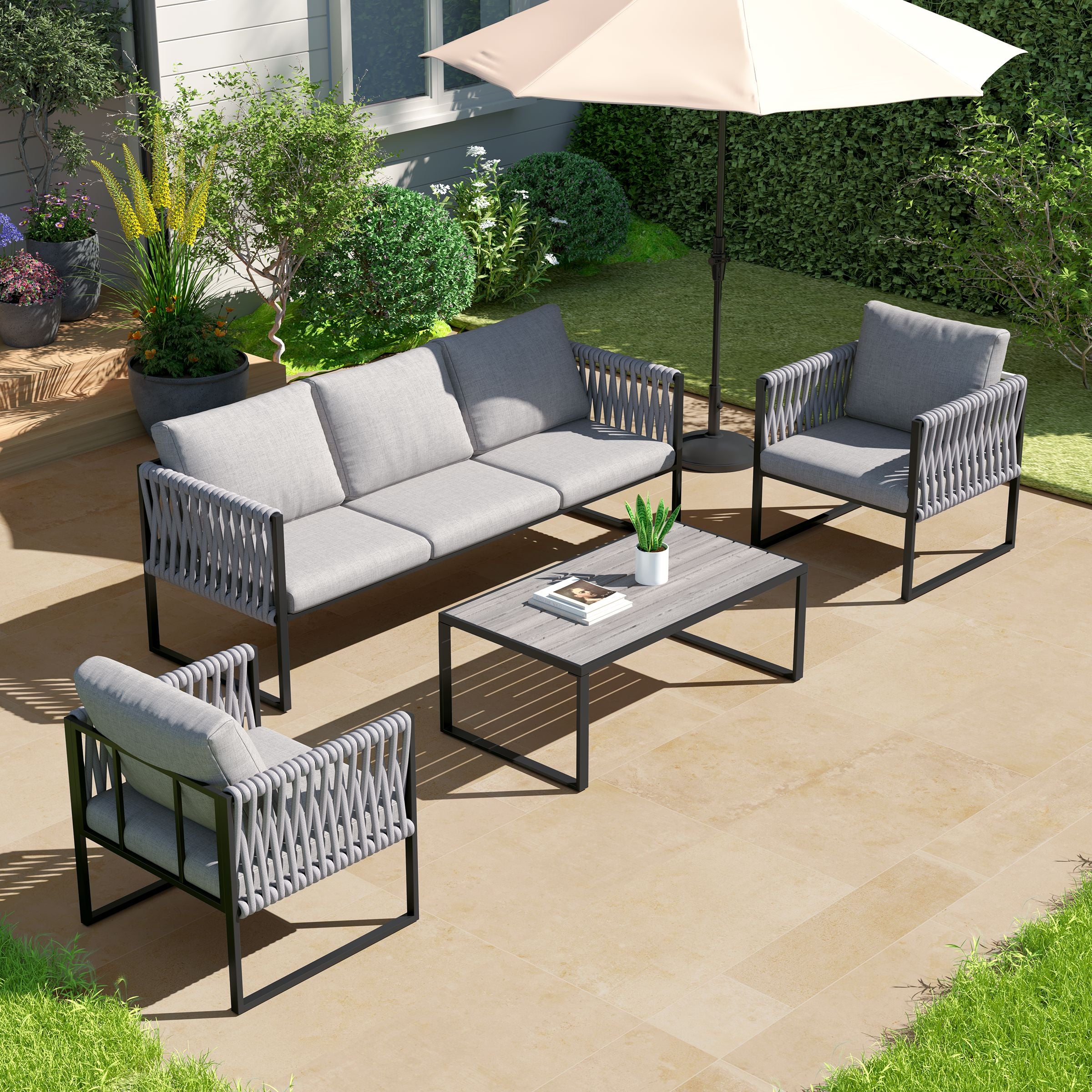 4 Piece Outdoor Garden Sofa Set with Rope Detailing and Sturdy Metal Frame Living and Home 