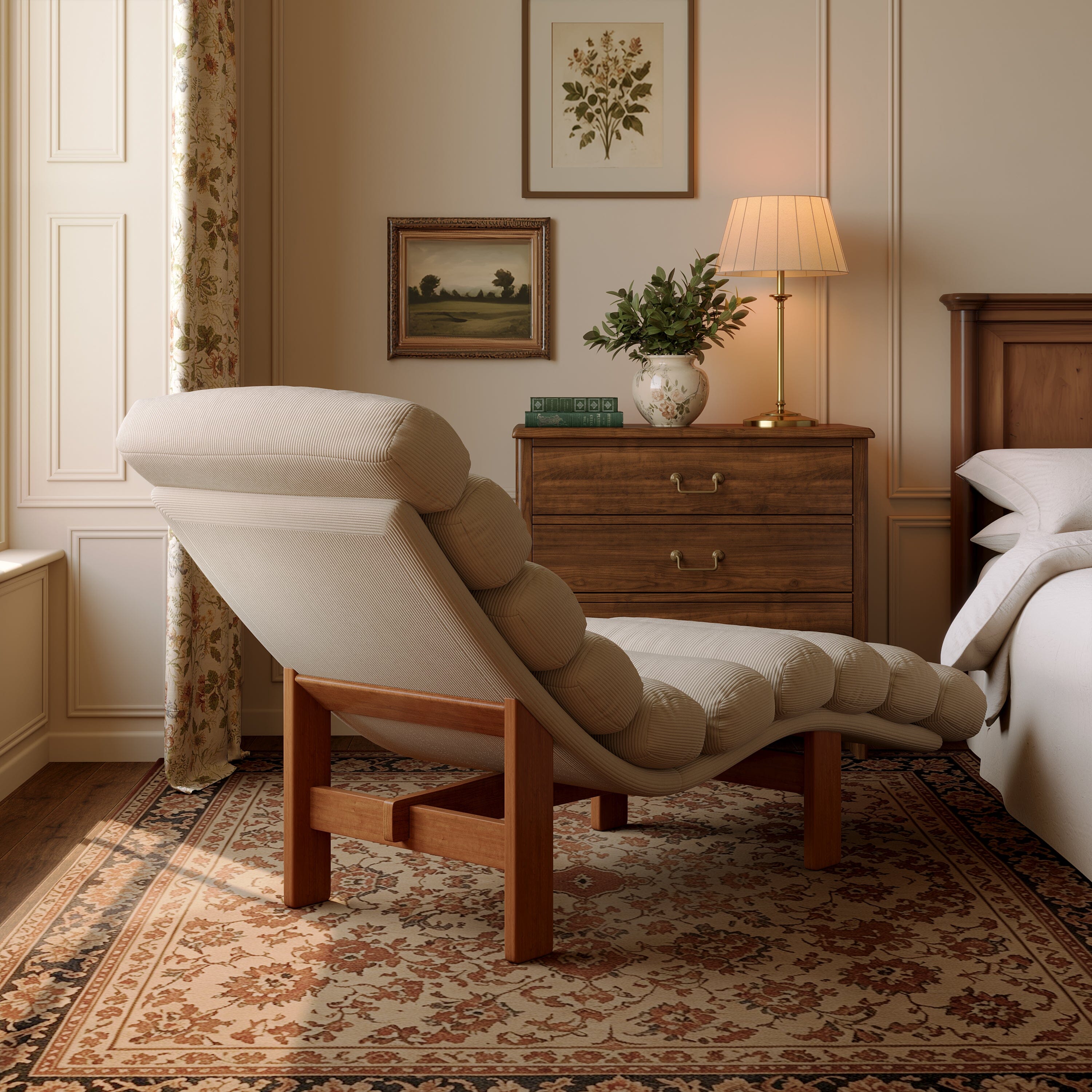 Cottonfy Modern Ergonomic Corduroy Chaise Lounge with Natural Wooden Frame Cottonfy UK 