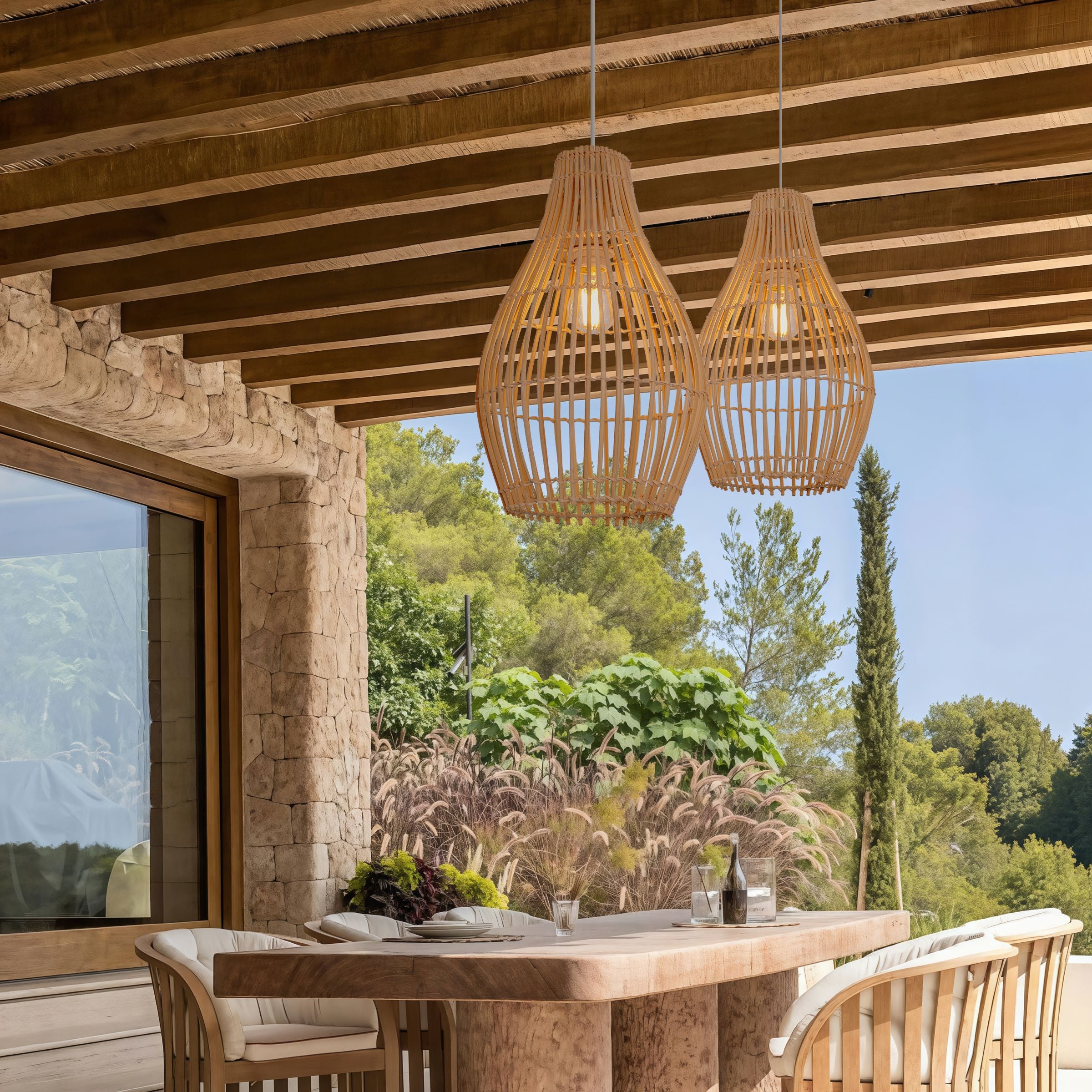 Lightsin Natural Rattan and Bamboo Pendant Light with Iron Frame Lightsin UK A 2 Units 