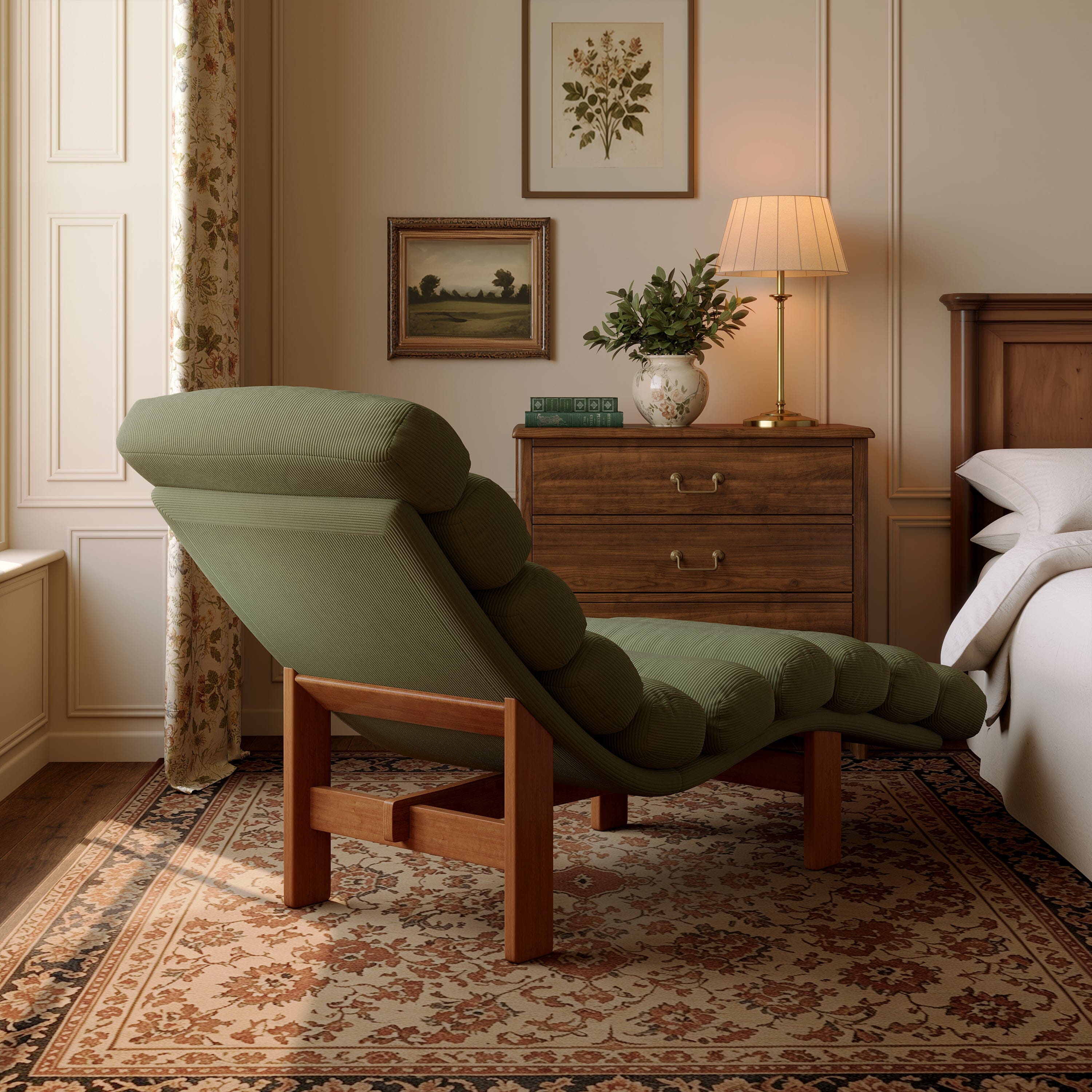 Cottonfy Modern Ergonomic Corduroy Chaise Lounge with Natural Wooden Frame Cottonfy UK 