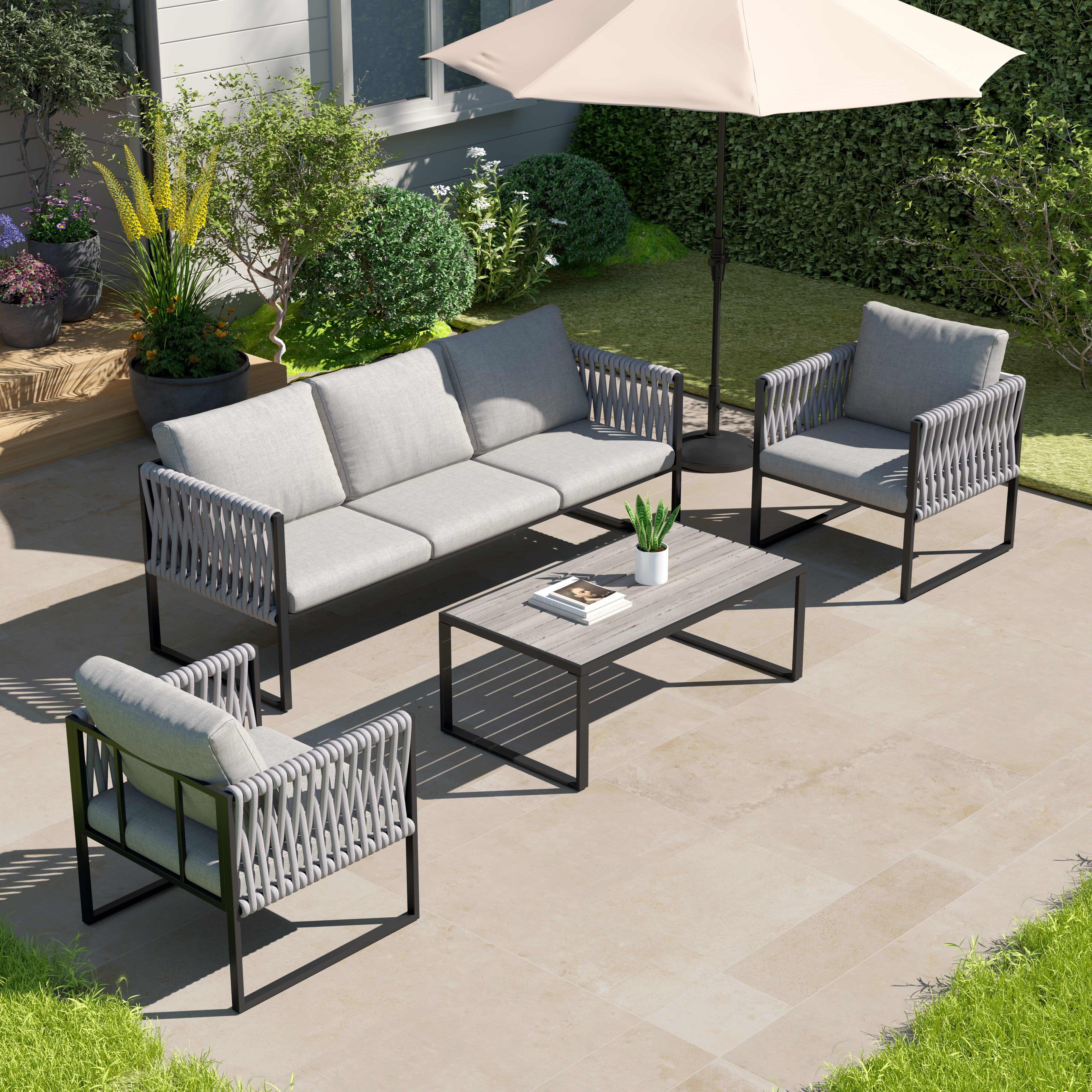4 Piece Outdoor Garden Sofa Set with Rope Detailing and Sturdy Metal Frame Living and Home 