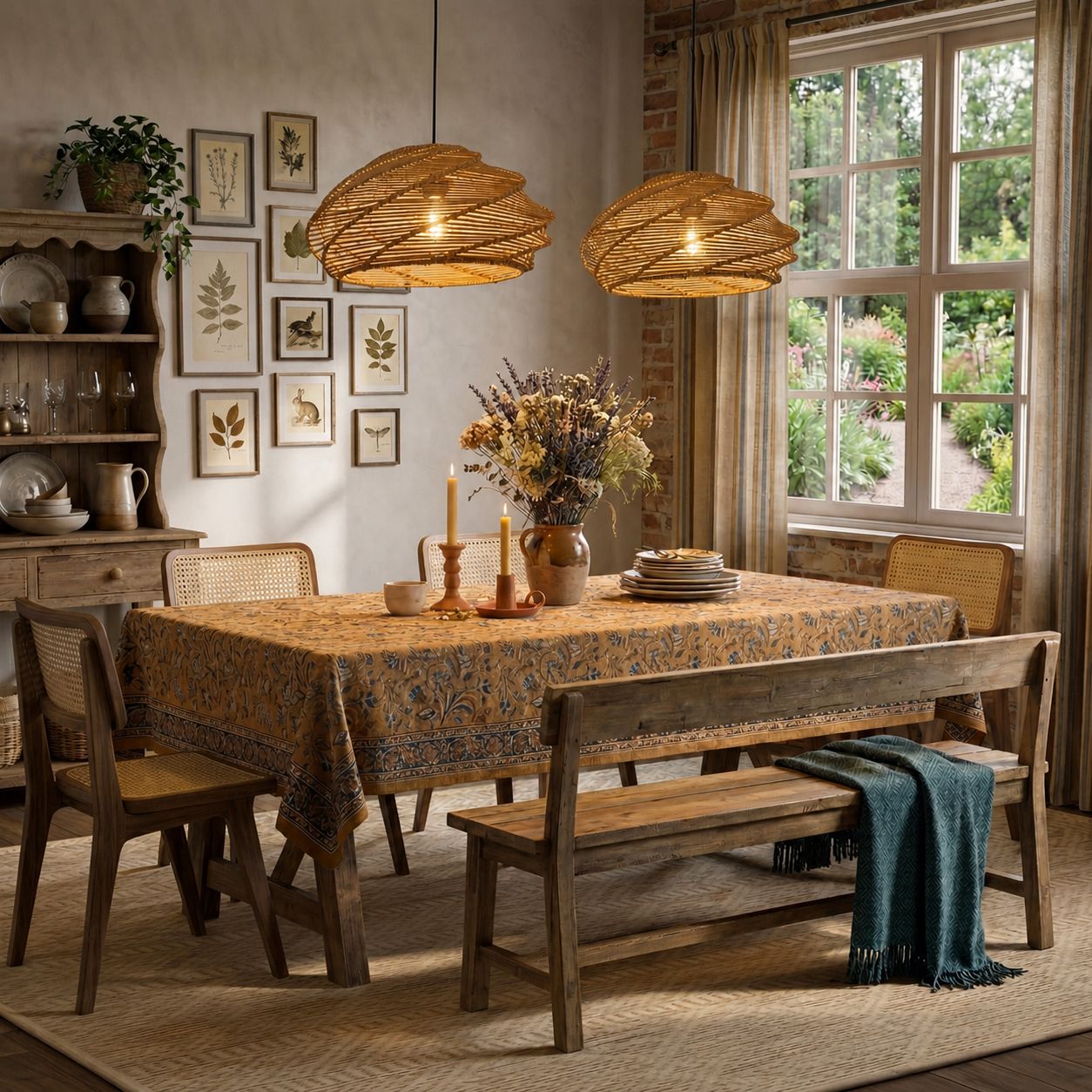 Lightsin Woven paper rope pendant light above a dining room table 