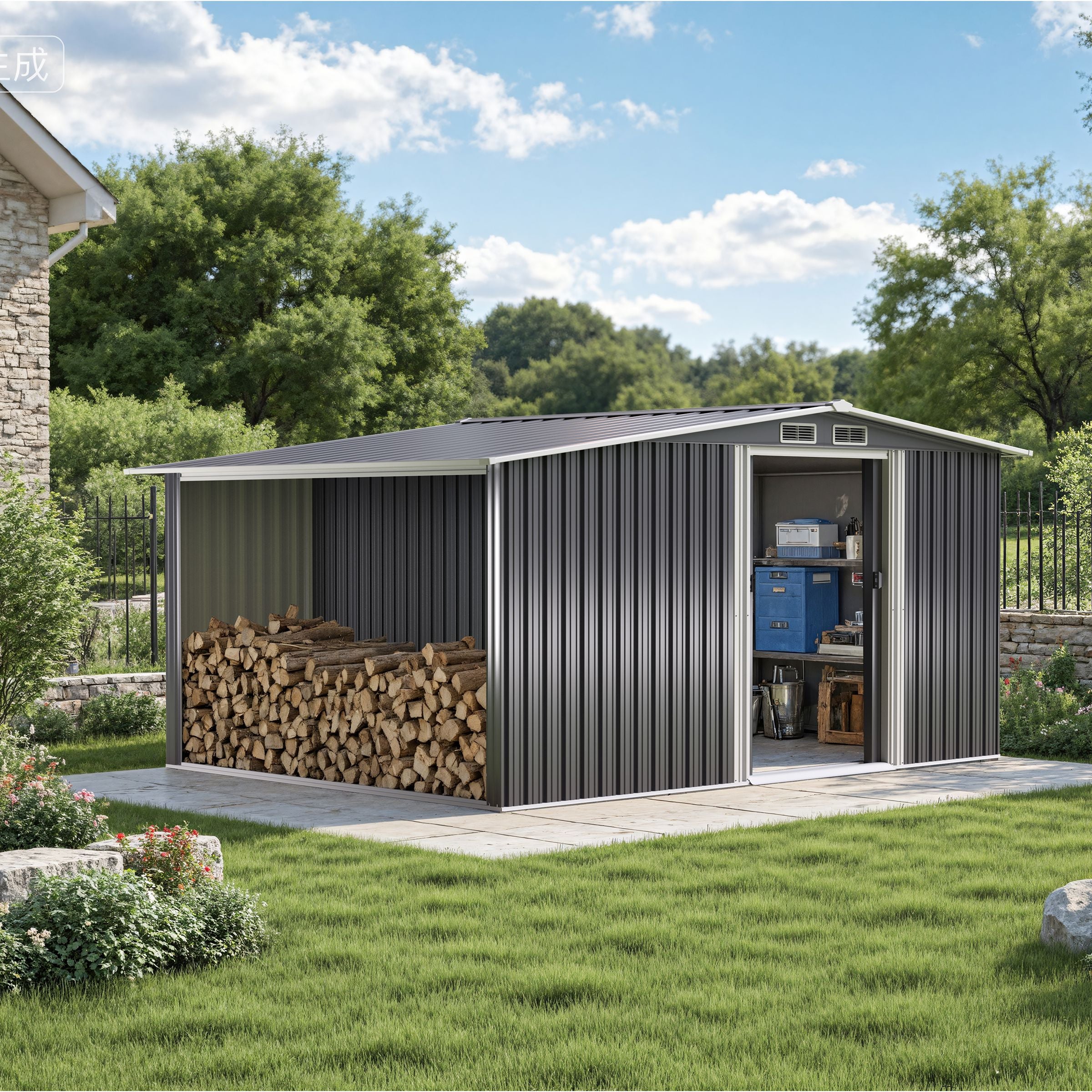 4×8/ 6×8 / 8×8/ 10×8ft Steel Garden Storage Bike Shed with Gable Roof Top Air Circulation Design Garden Sheds Living and Home 
