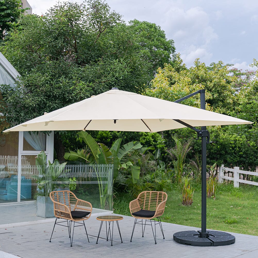 300cm Wide Garden Parasol Outdoor Hanging UV Resistant and Waterproof Umbrella for Patio Parasols Living and Home Parasol + Cross Base + Round Water Tank Beige 