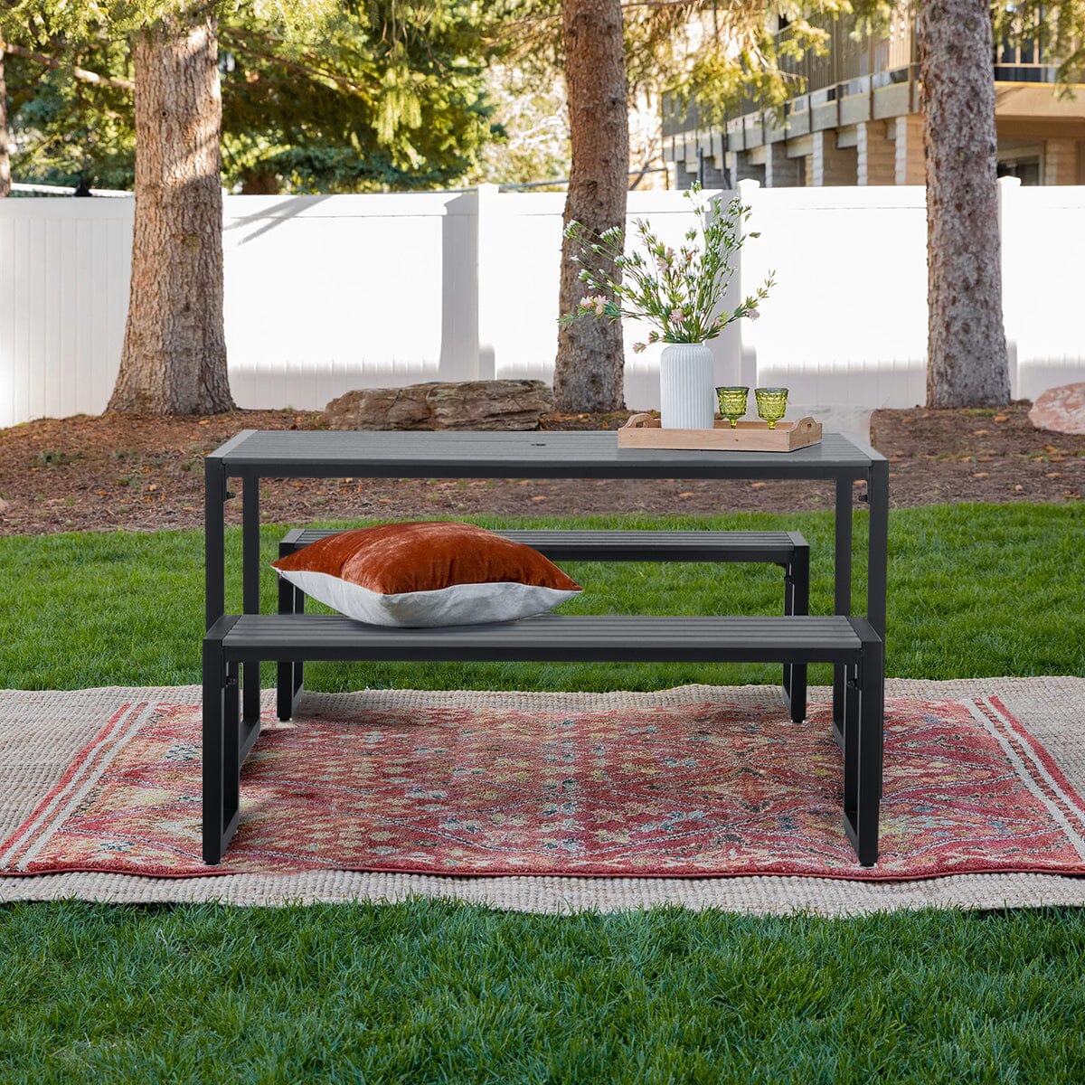 6 - Person 150cm Long Iron Outdoor Dining Set Garden Table and Bench Garden Dining Sets Living and Home 