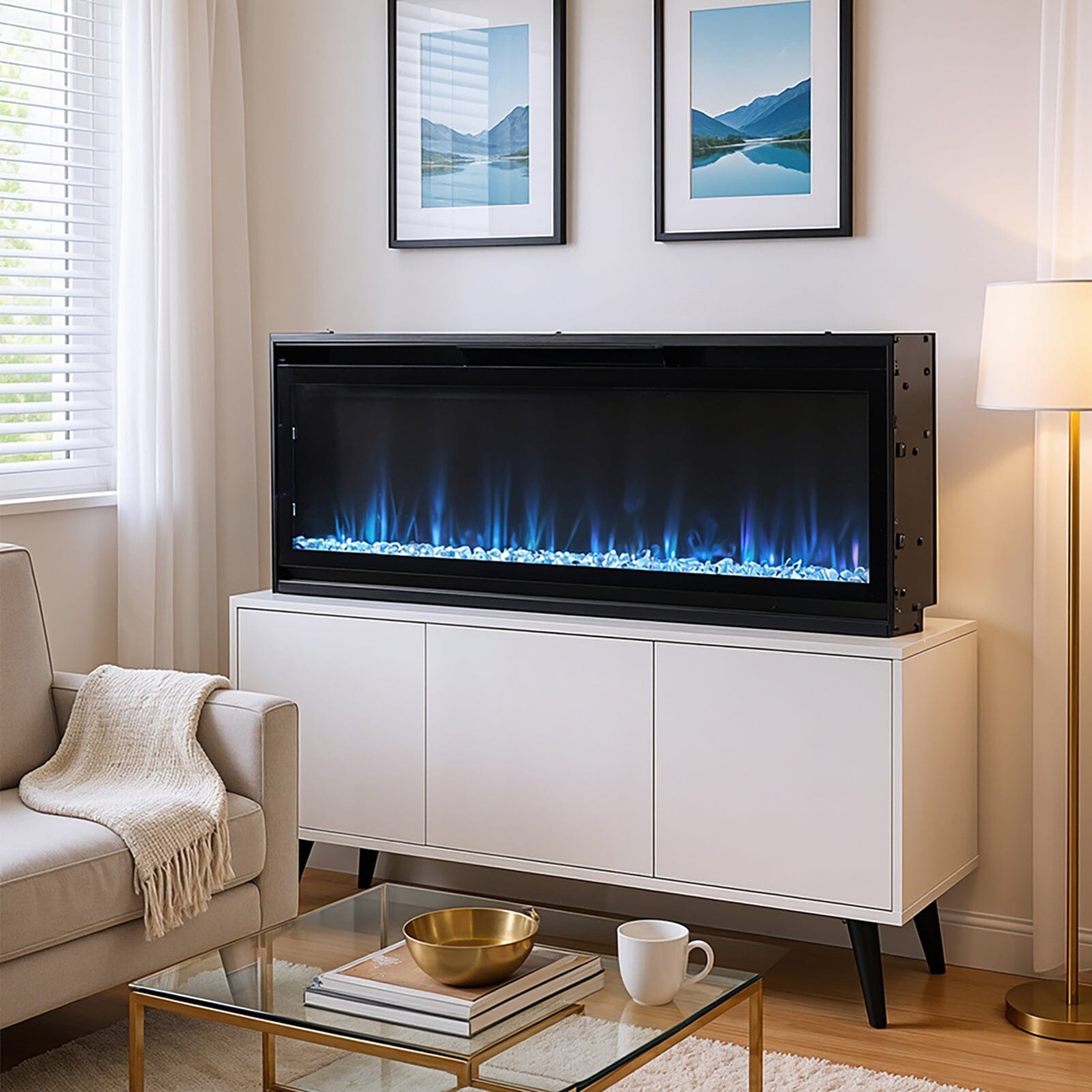 40/50/60inch Black Wall Mounted & Recessed Electric Fireplace with Adjustable Flame & Brightness Living and Home 