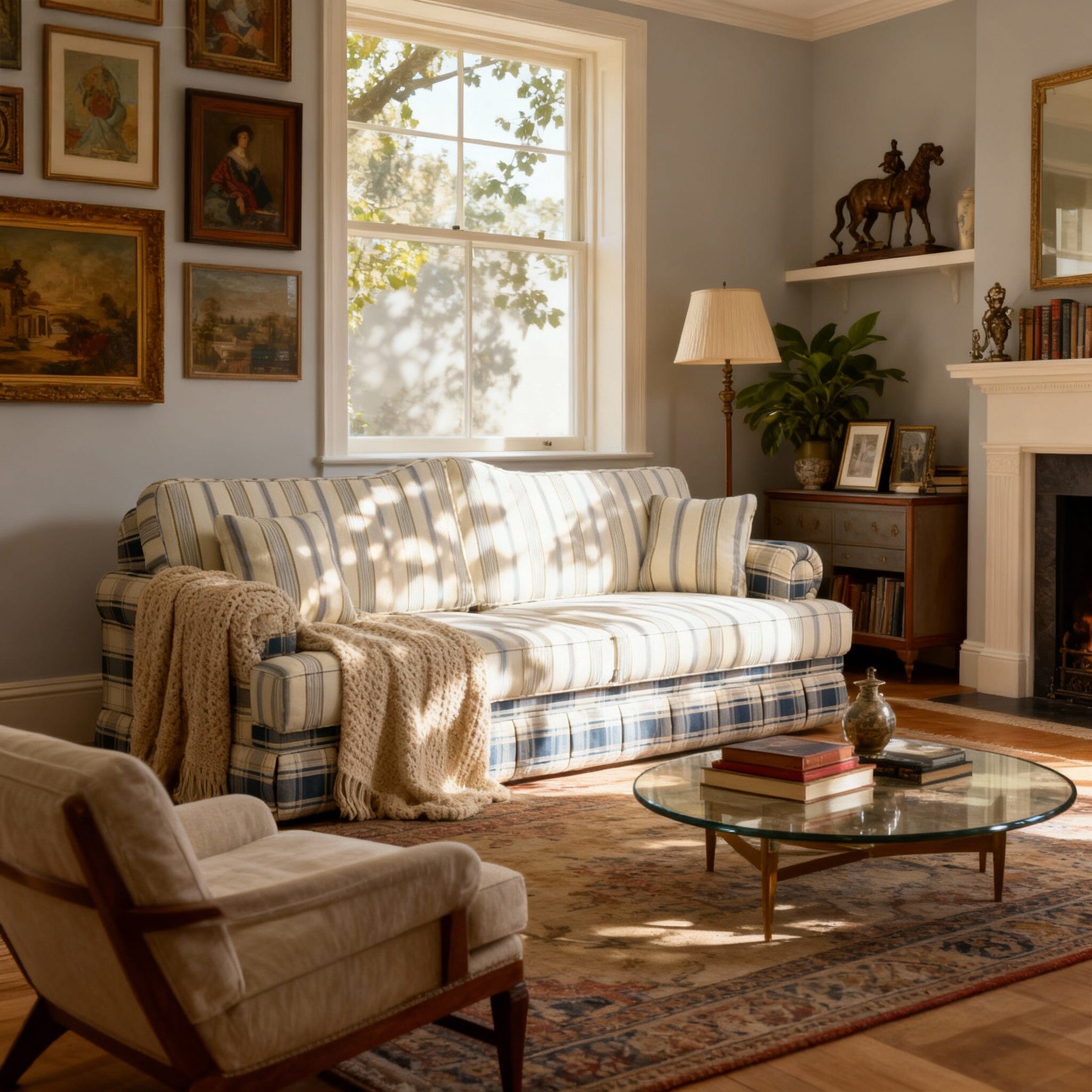 Cottonfy Heritage Plaid Skirted Sofa with Concealed Storage Drawers Living and Home 180 CM Blue Cream Cotton Linen 