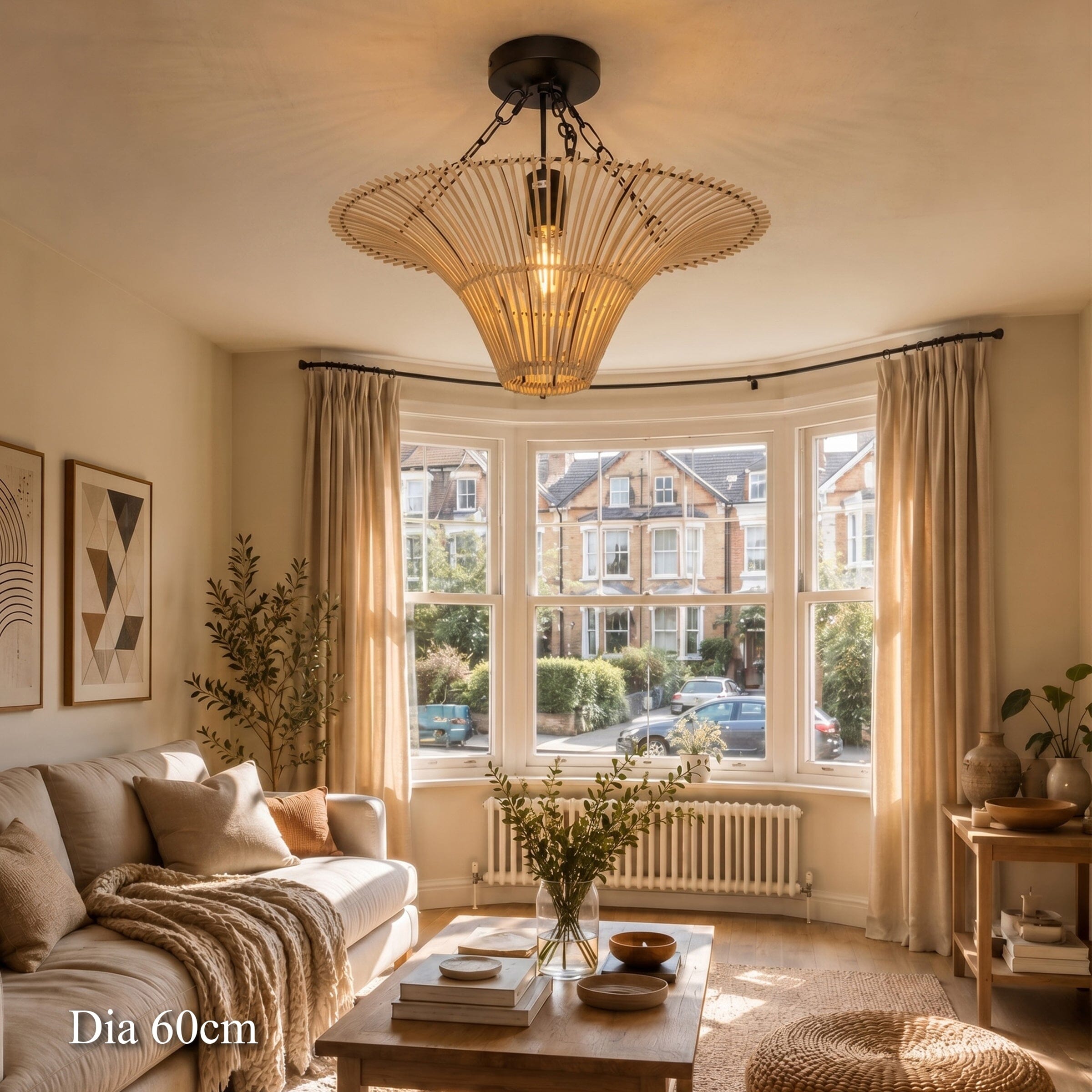 60cm woven rattan ceiling light above a bay-window living room