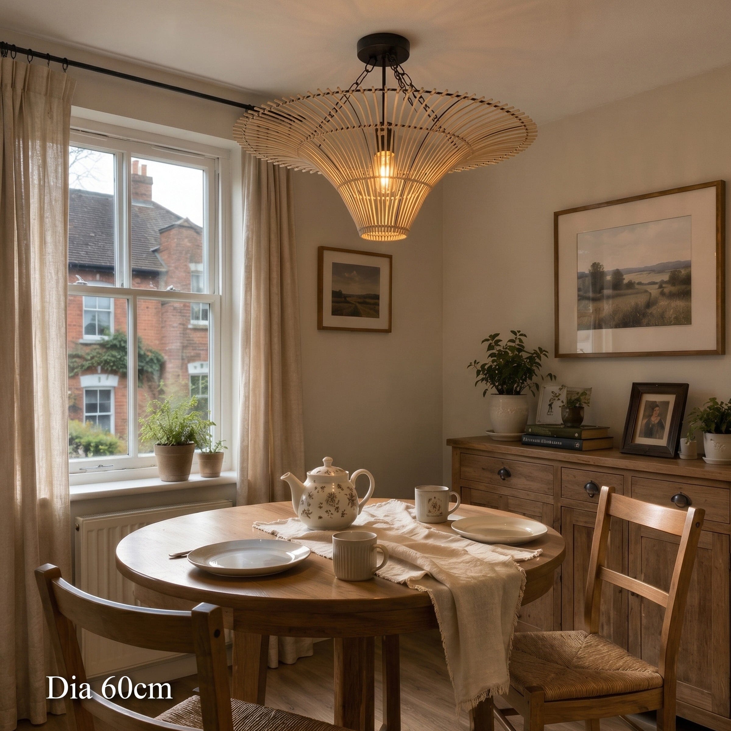 60cm rattan ceiling light over a round dining table in a warm home setting