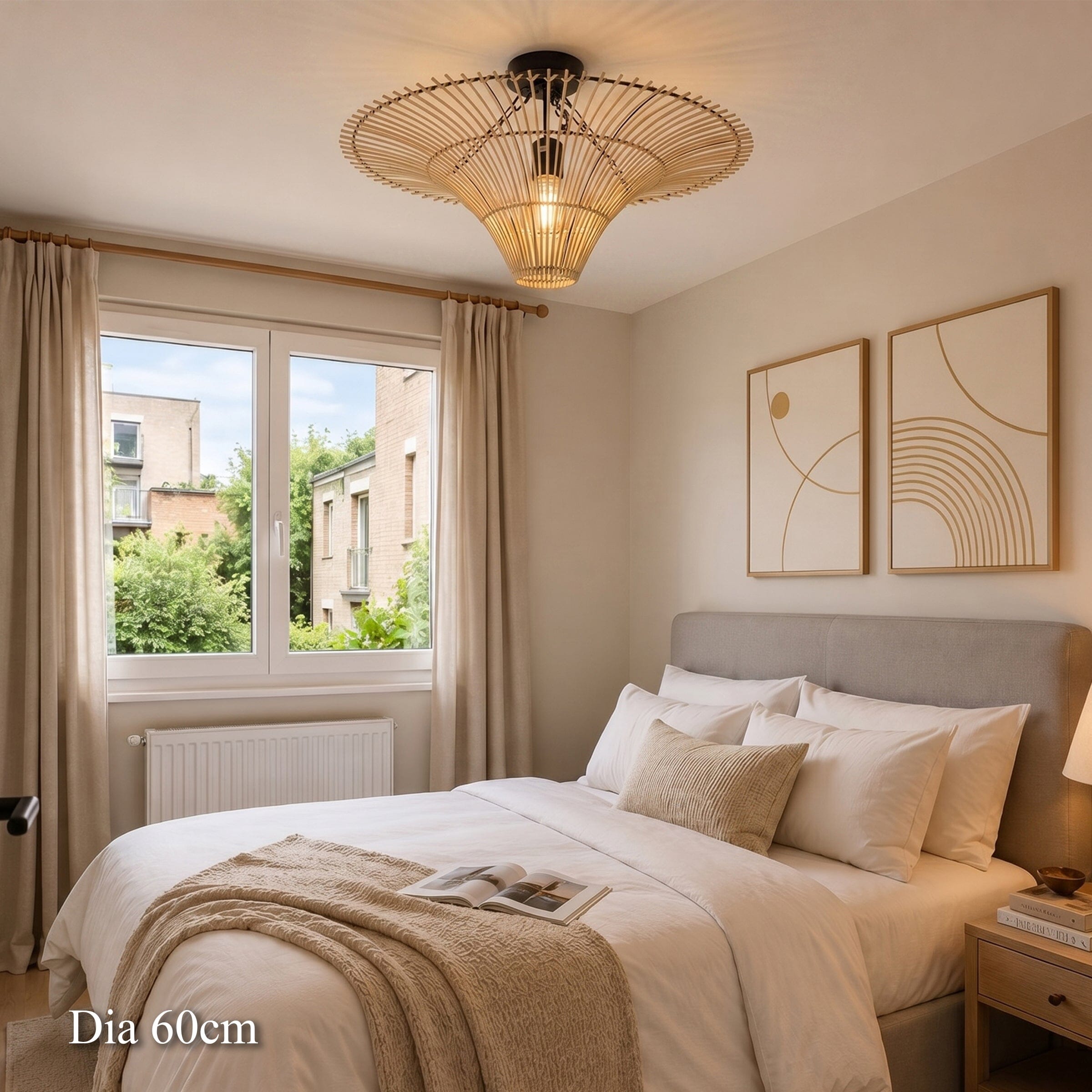 60cm rattan flying saucer ceiling light in a soft neutral bedroom