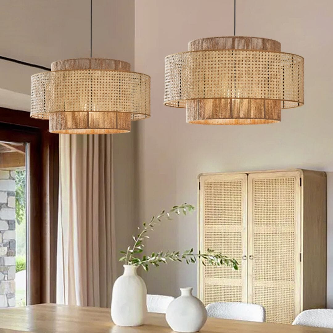 Lightsin Natural Woven Rattan and Hemp Rope Rustic Pendant Light Fixture Lightsin UK 
