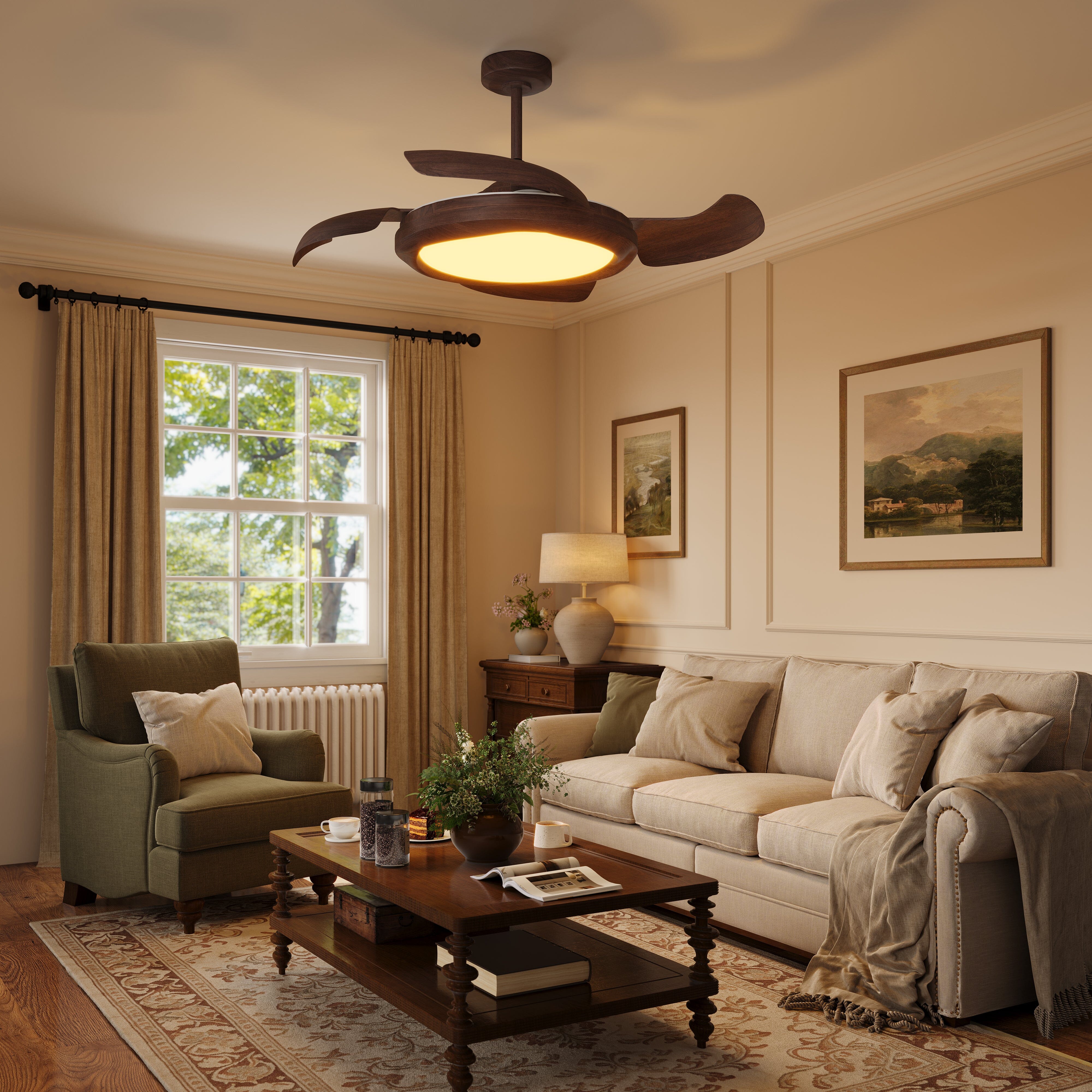 Walnut effect fan light in a cream British living room with beige sofa
