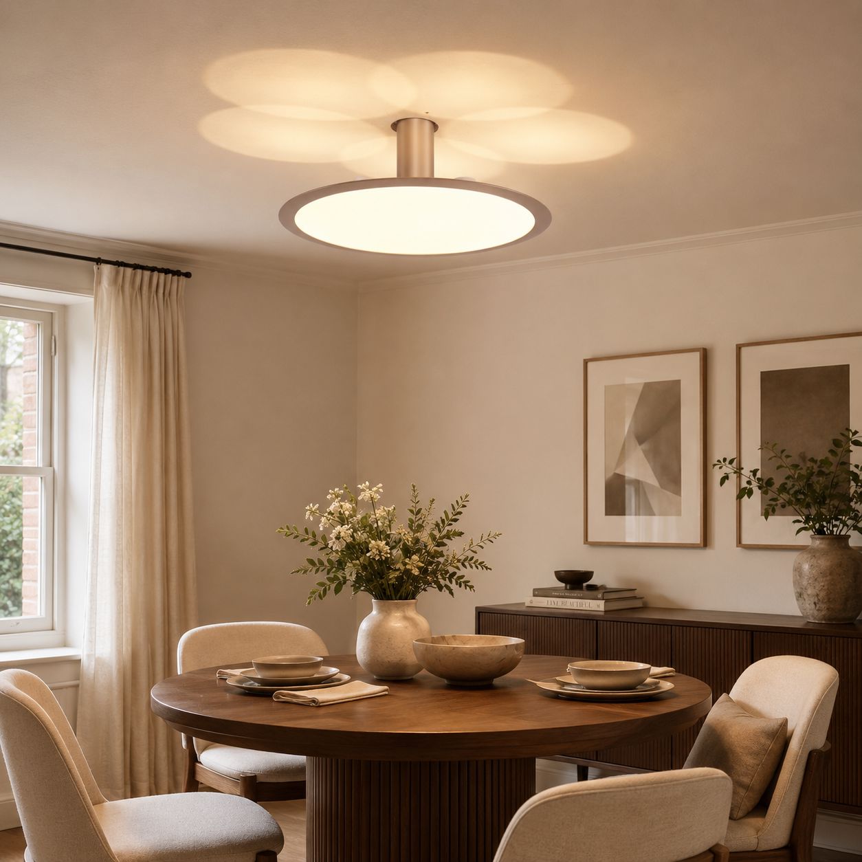 brushed rose gold pendant above a dining table by a window