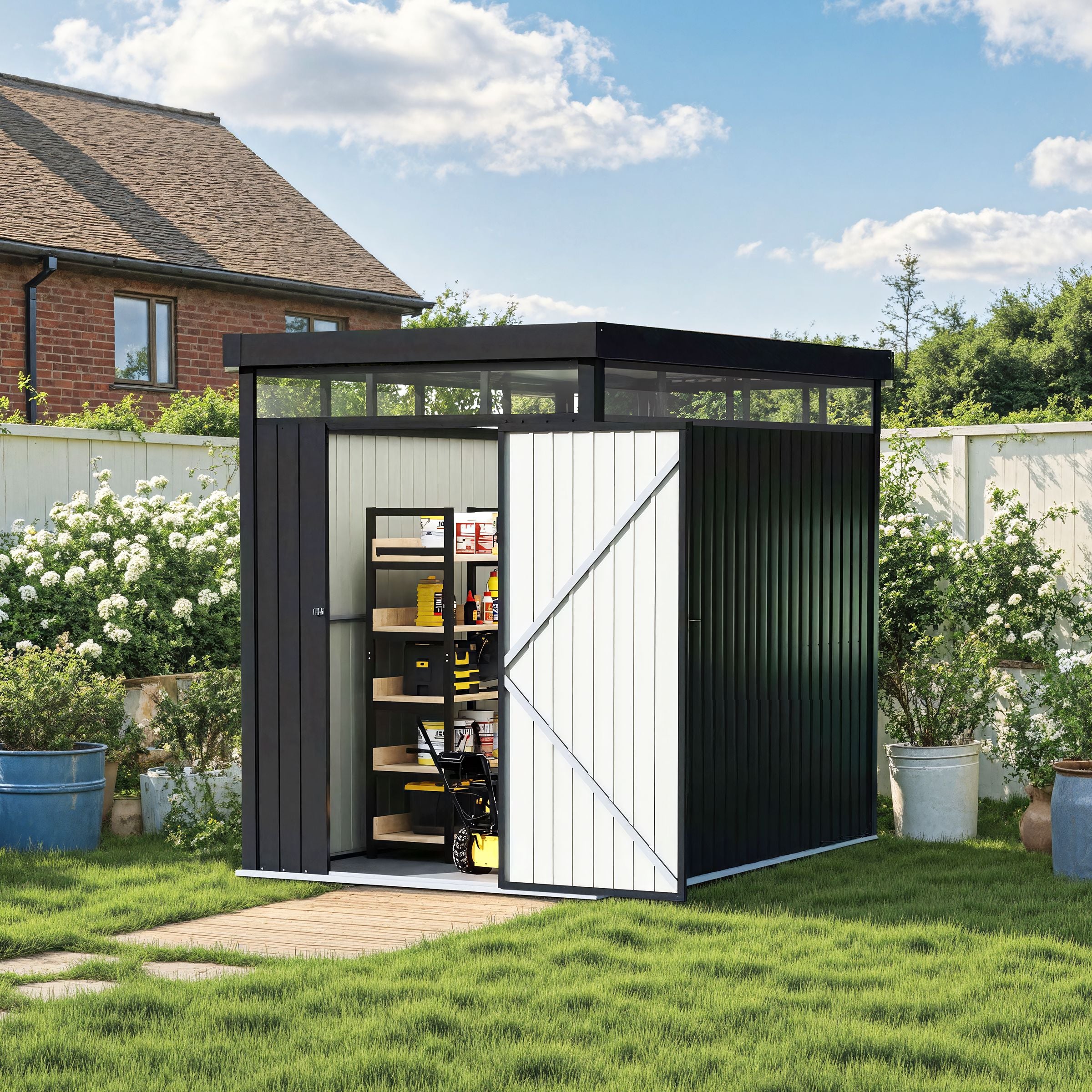 2x2.6x2m/1.6x2.6x2m/2.6x3x2m/4x3x2m Charcoal Black Galvanized Steel Storage Shed with Double/Single Lockable Doors Living and Home 1.6×2.6×2m 