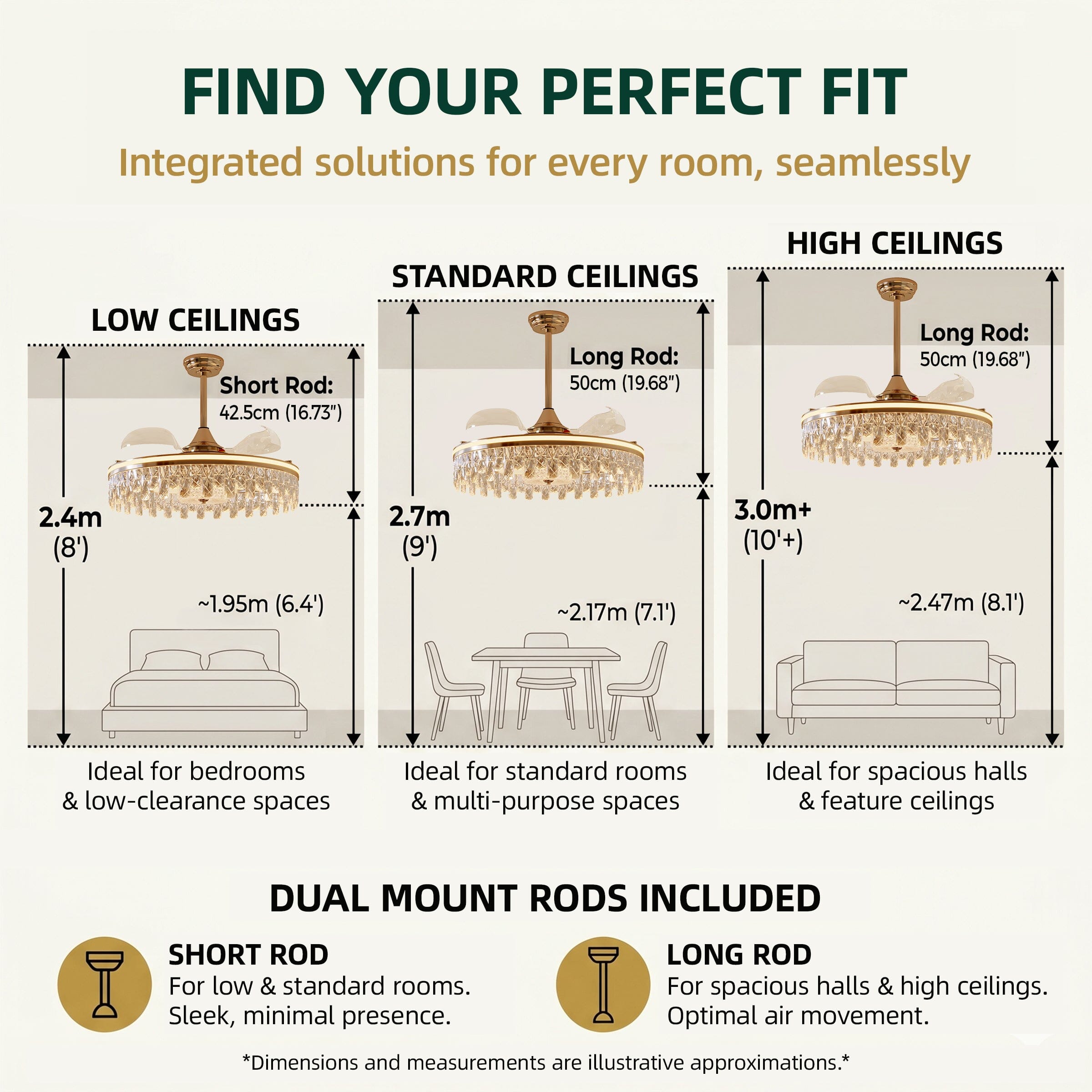 60cm modern gold crystal ceiling fan light feature and dimension display