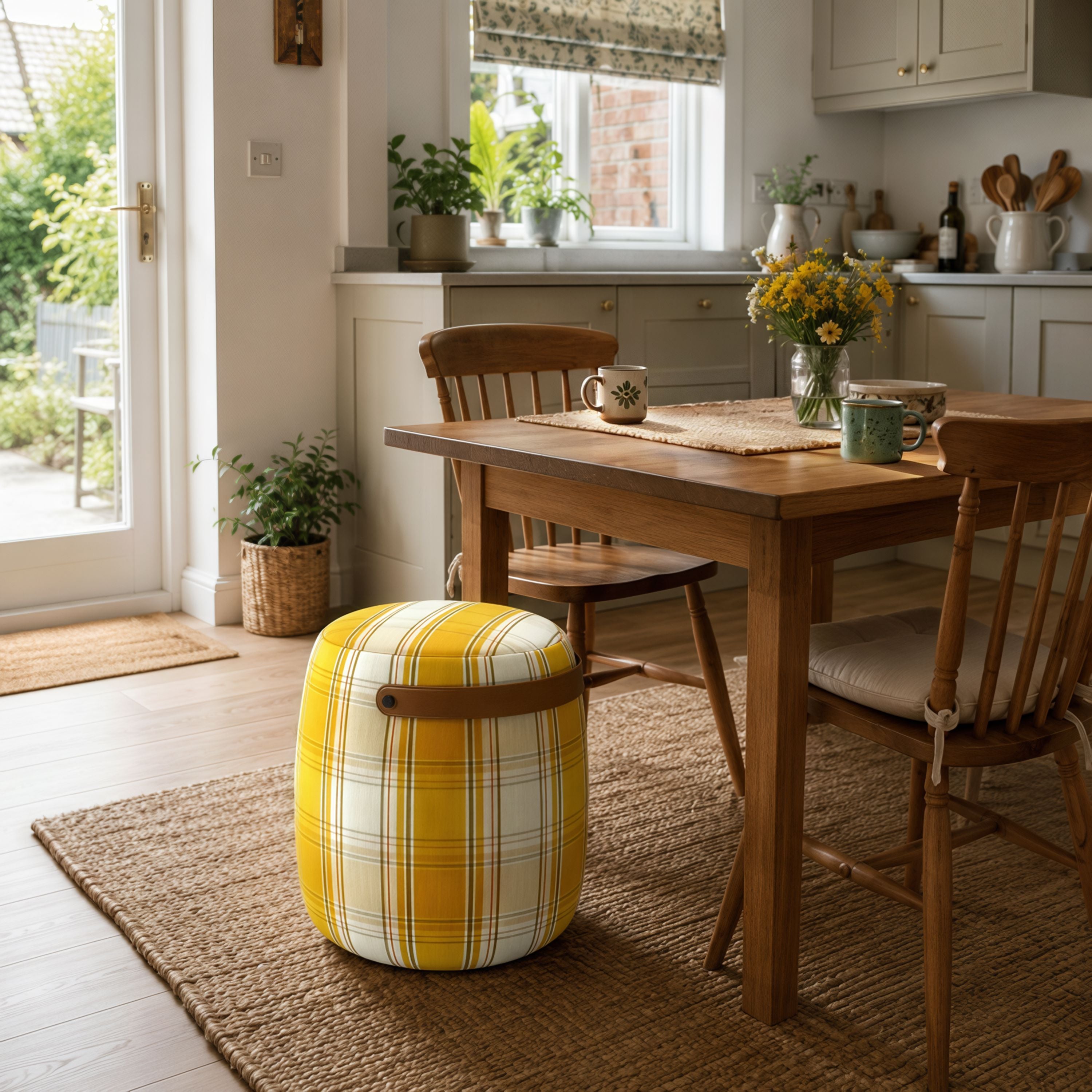 Haven British Check Round Pouffe Footstool with Leather Handle Cottonfy UK 
