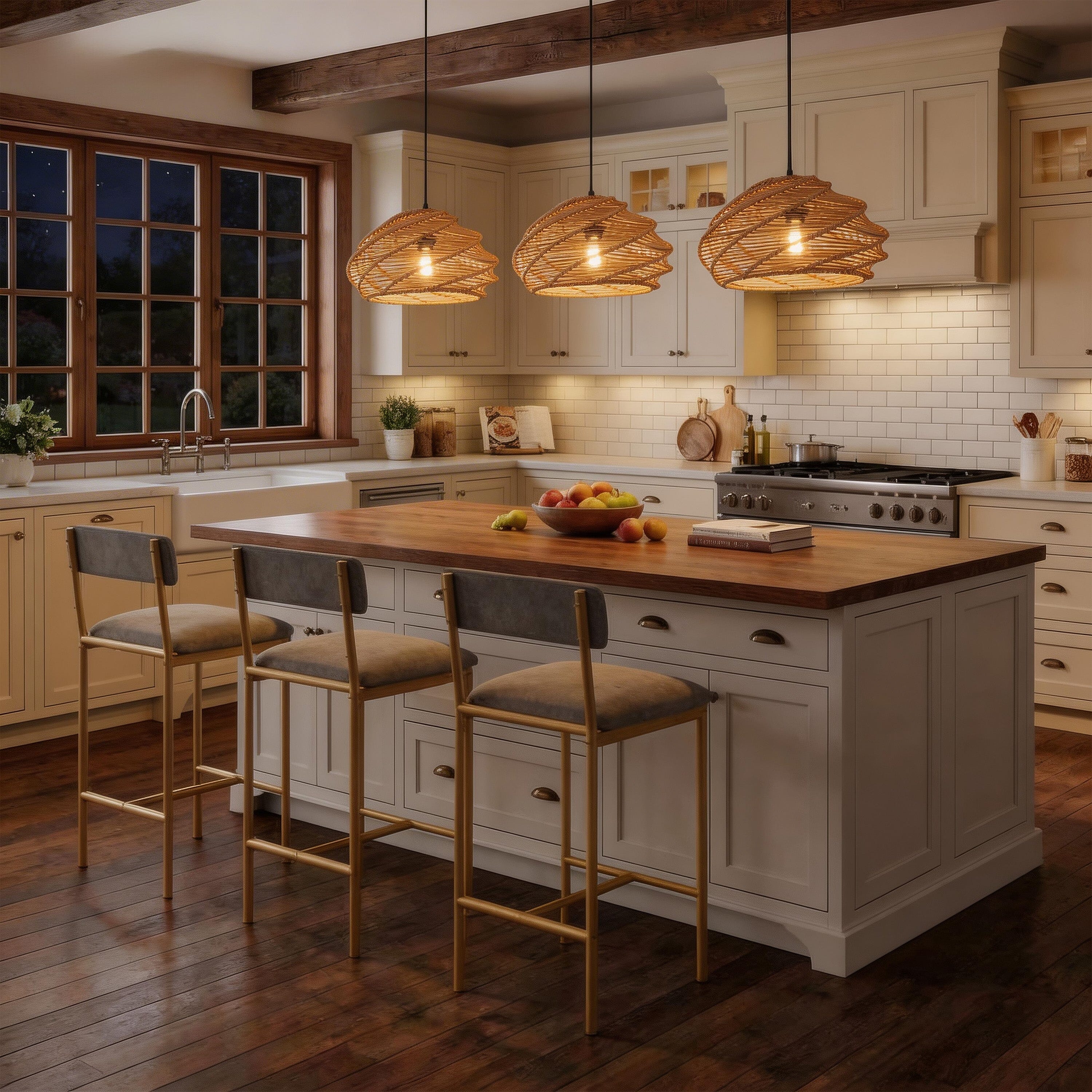 Spiral paper rope pendant light above a kitchen island