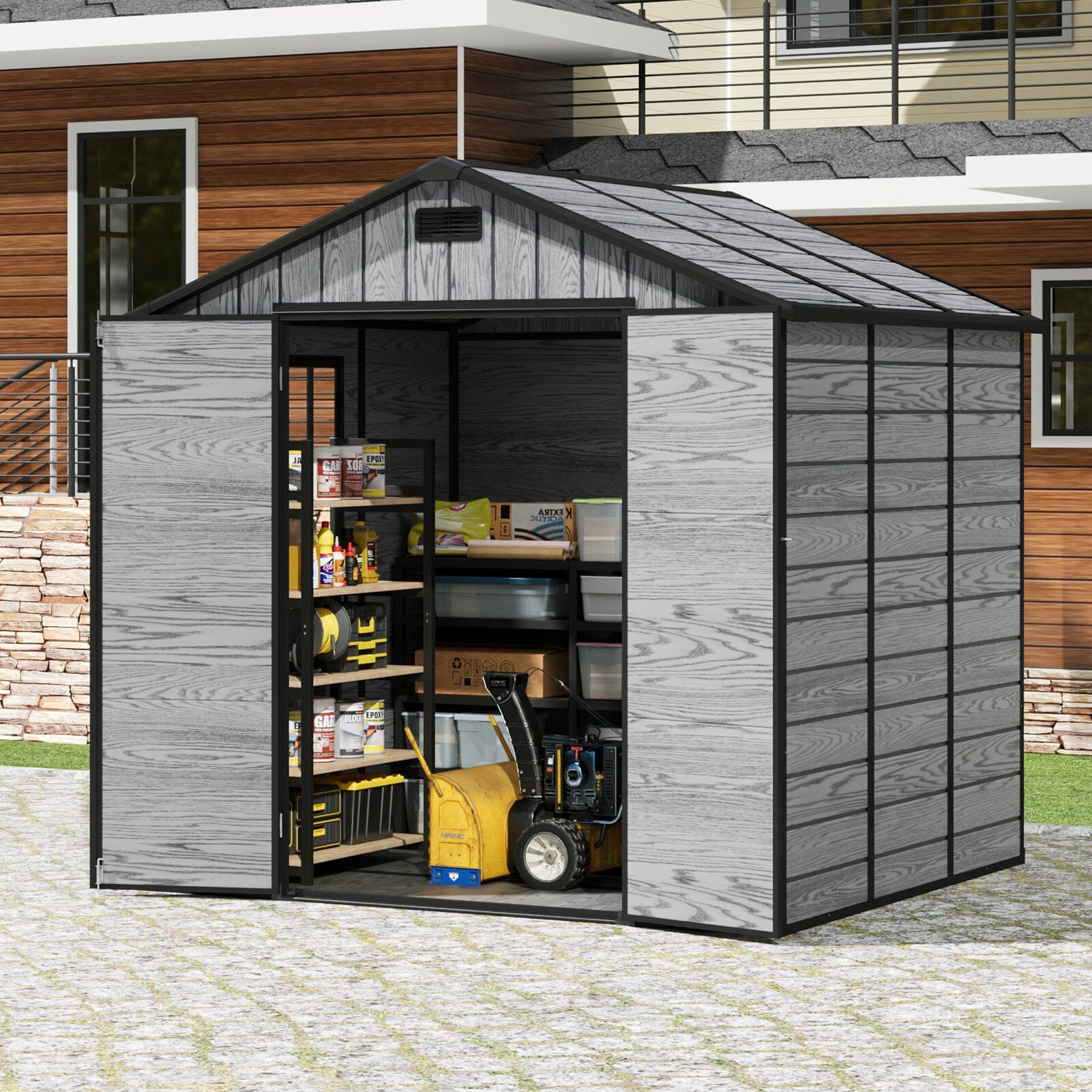 8x6ft / 8x8ft Plastic Outdoor Apex Roof Tool Shed with Dual-door (Ver.2) Living and Home 8x6ft Dark Gray Wood Grain 