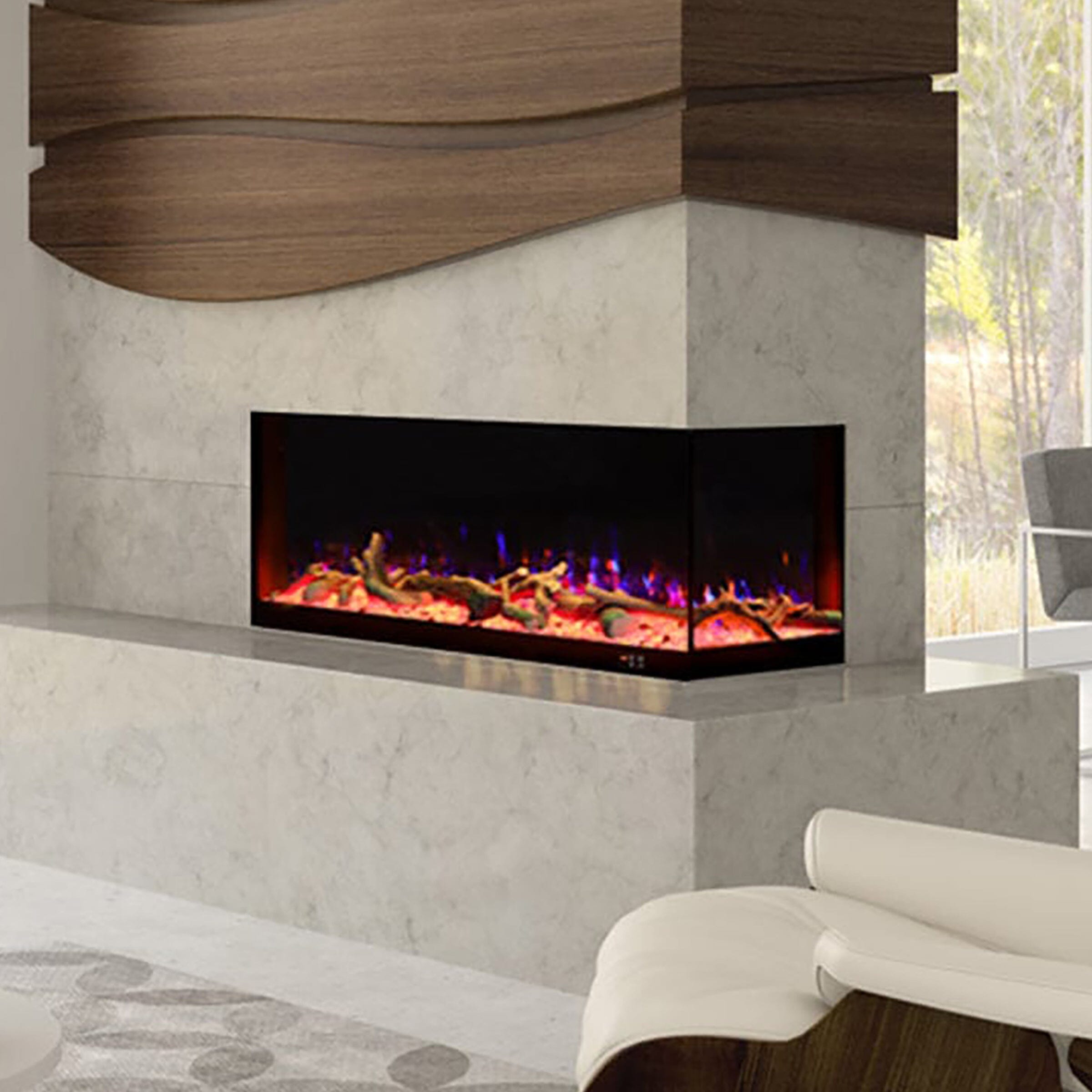 46/60inch L-Shaped Electric Fireplace – WiFi Control, LED Display, Resin Logs & Crystal Stones with Heating Living and Home 60inch 