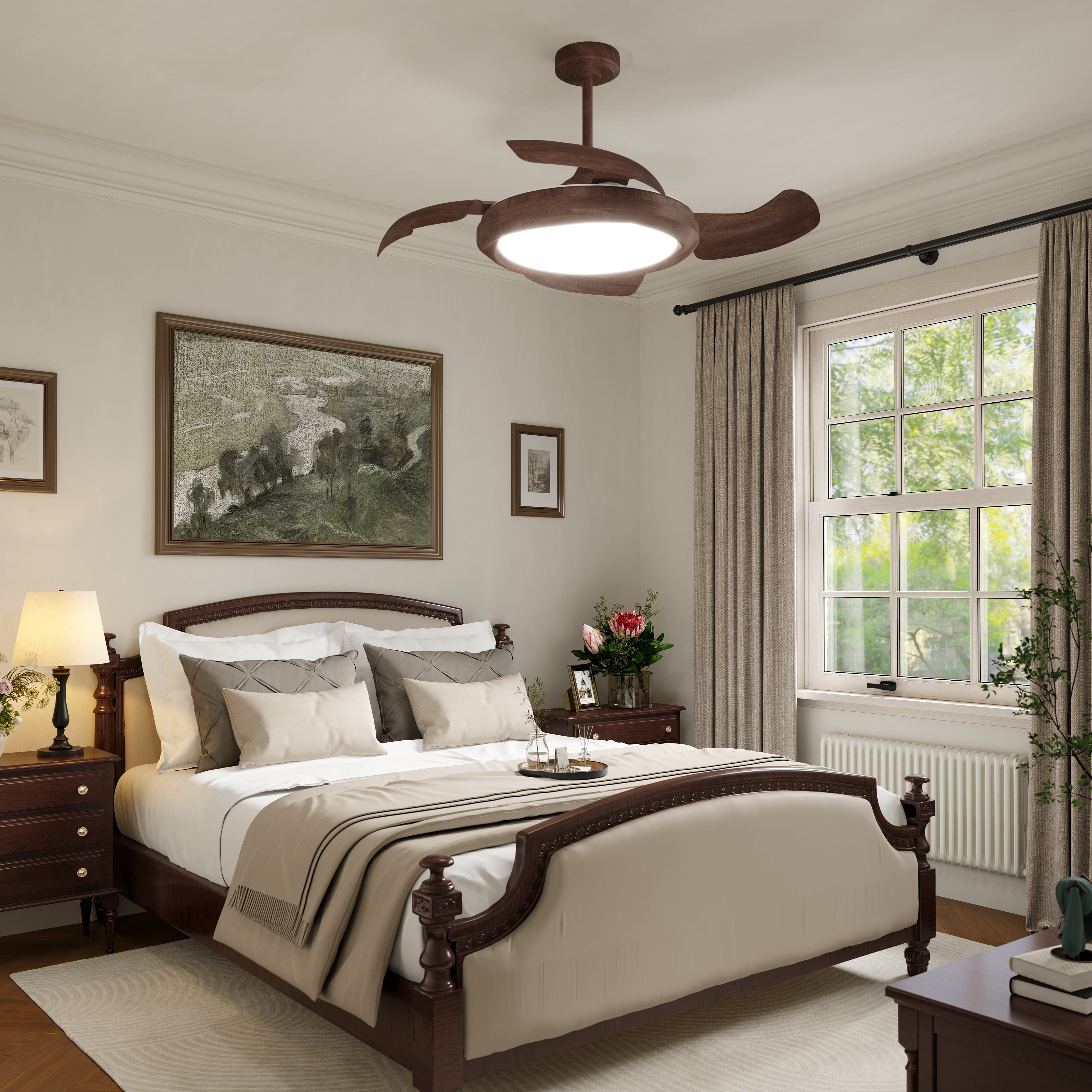 Walnut effect ceiling fan light in a warm traditional bedroom with wood furniture