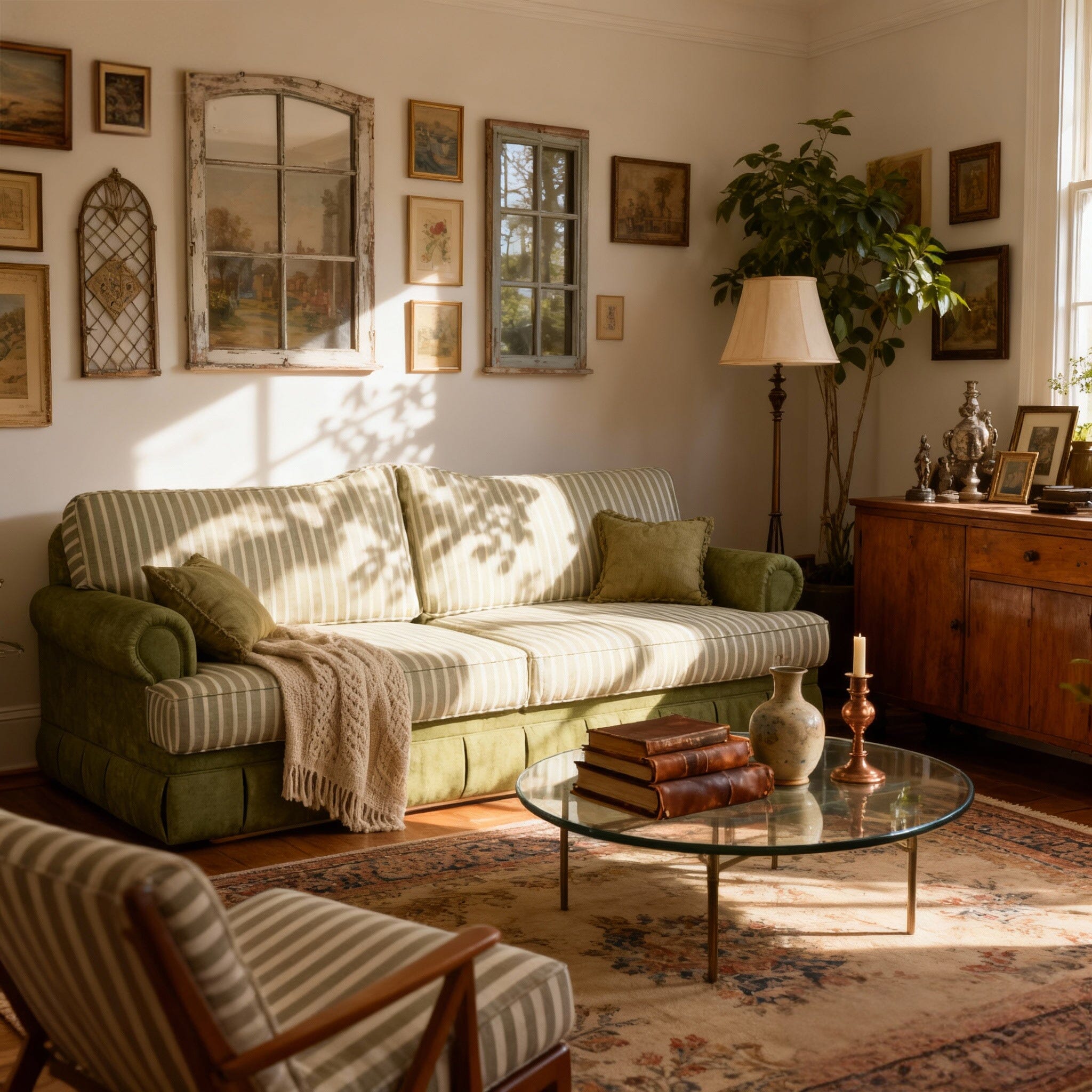 Cottonfy Heritage Plaid Skirted Sofa with Concealed Storage Drawers Living and Home 180 CM Emerald Stripe Cotton Linen 