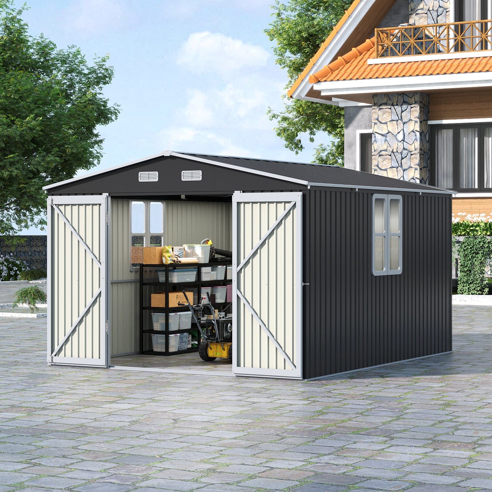 12x10ft / 10x12ft / 10x16ft Charcoal Black Galvanized Steel Storage Shed with Double Lockable Doors & Grid Windows Living and Home 