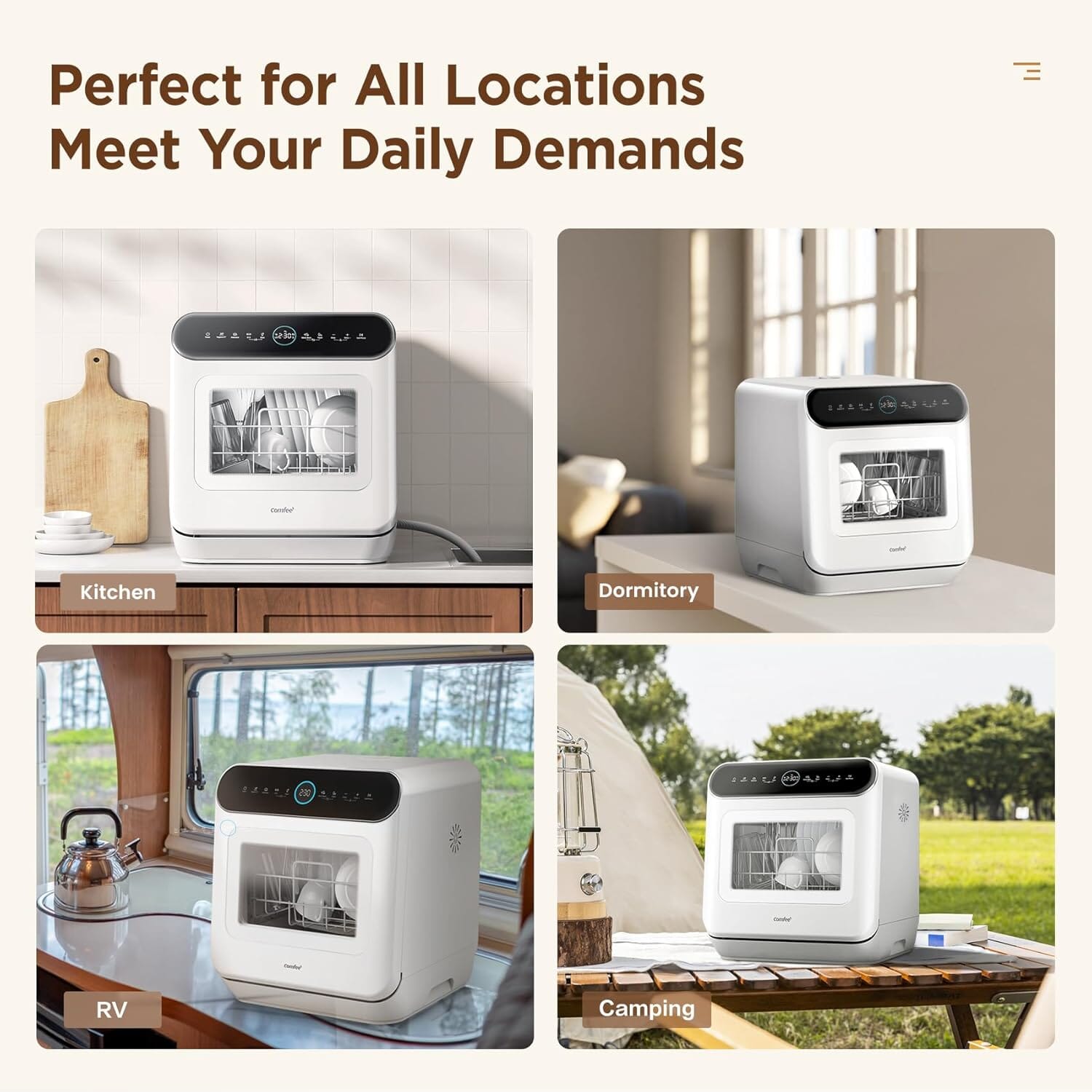 COMFEE 6L White Compact Countertop Dishwasher with LED Display and