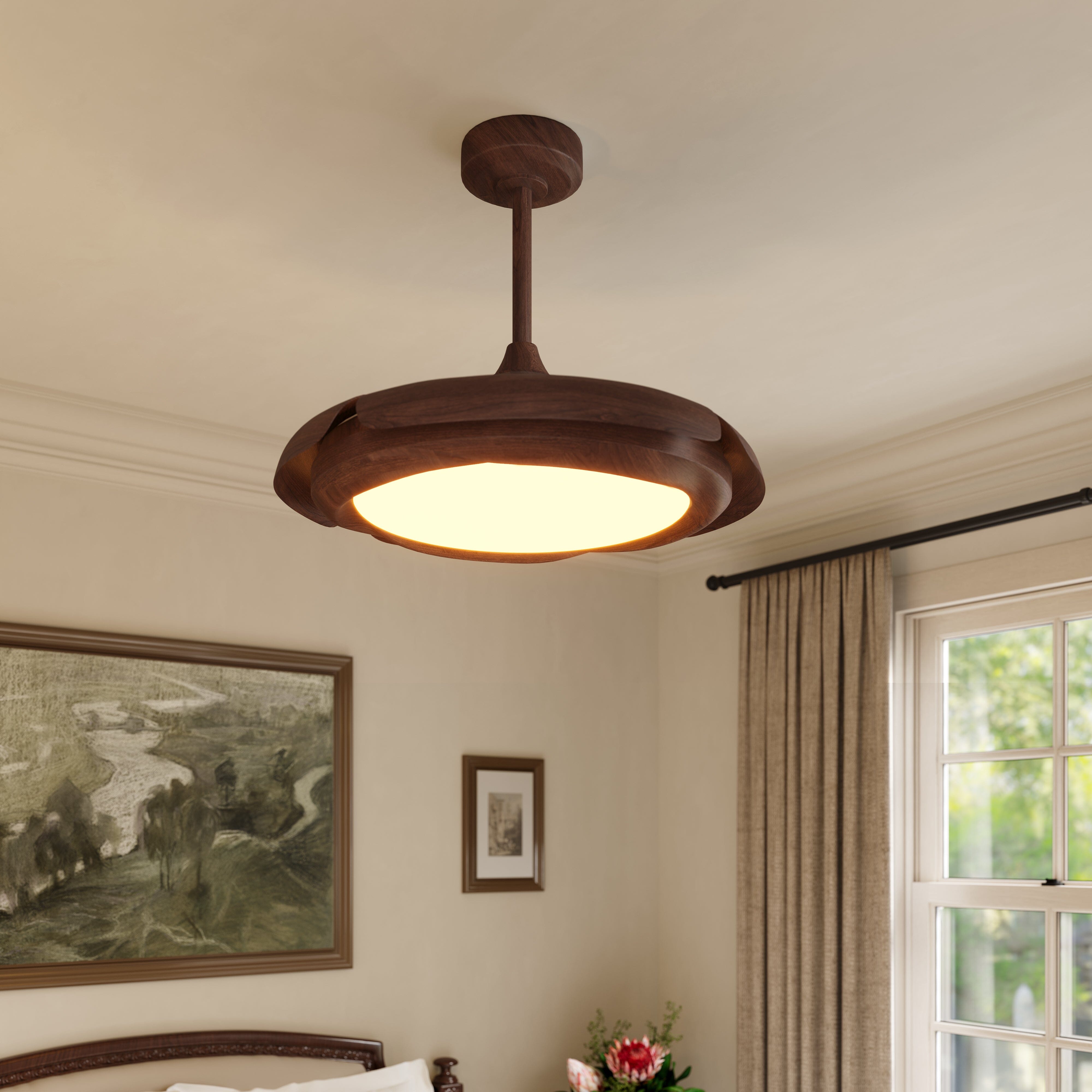Walnut effect ceiling fan light with retractable blades closed above a bedroom