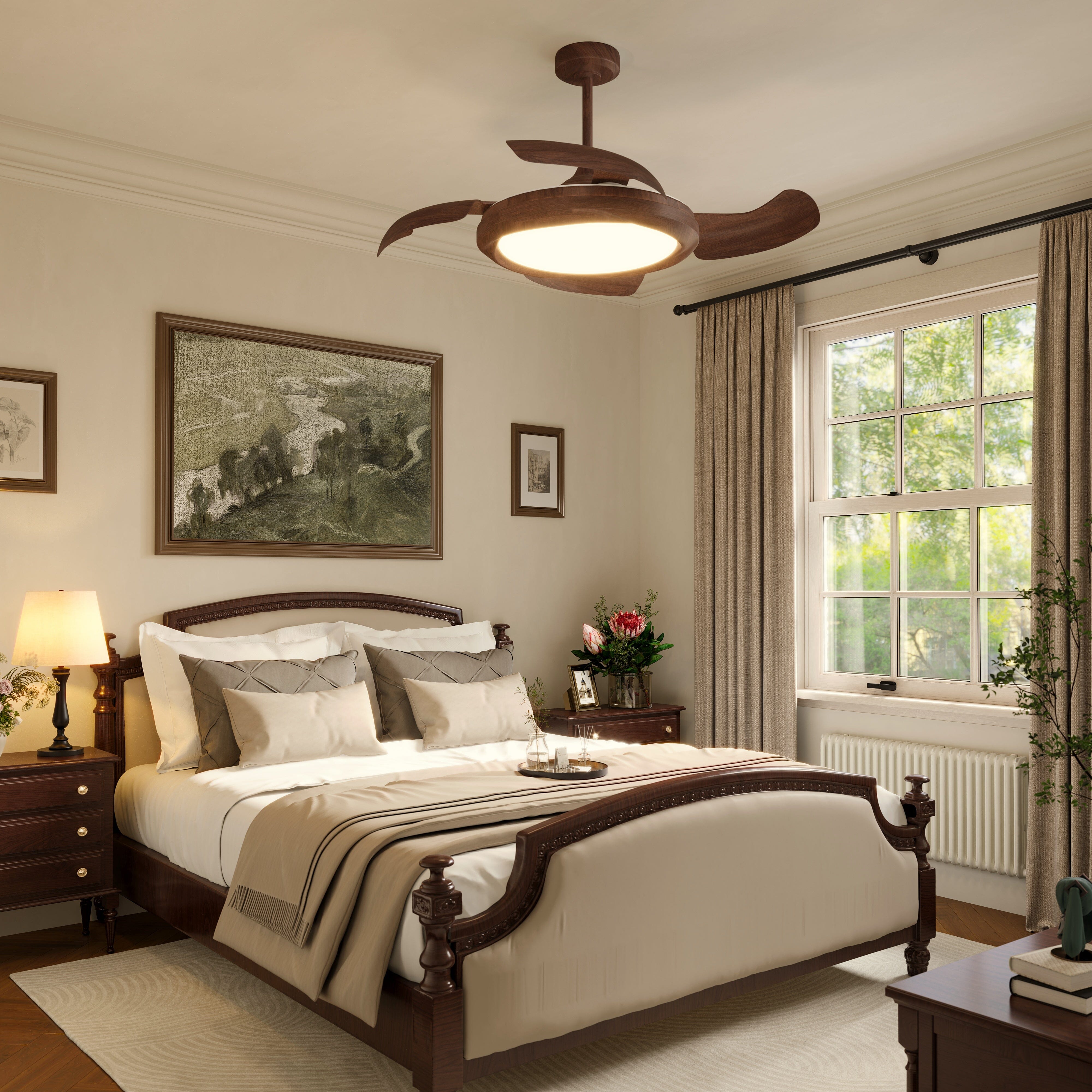 Walnut effect fan light over a cream bedroom with classic wooden bed