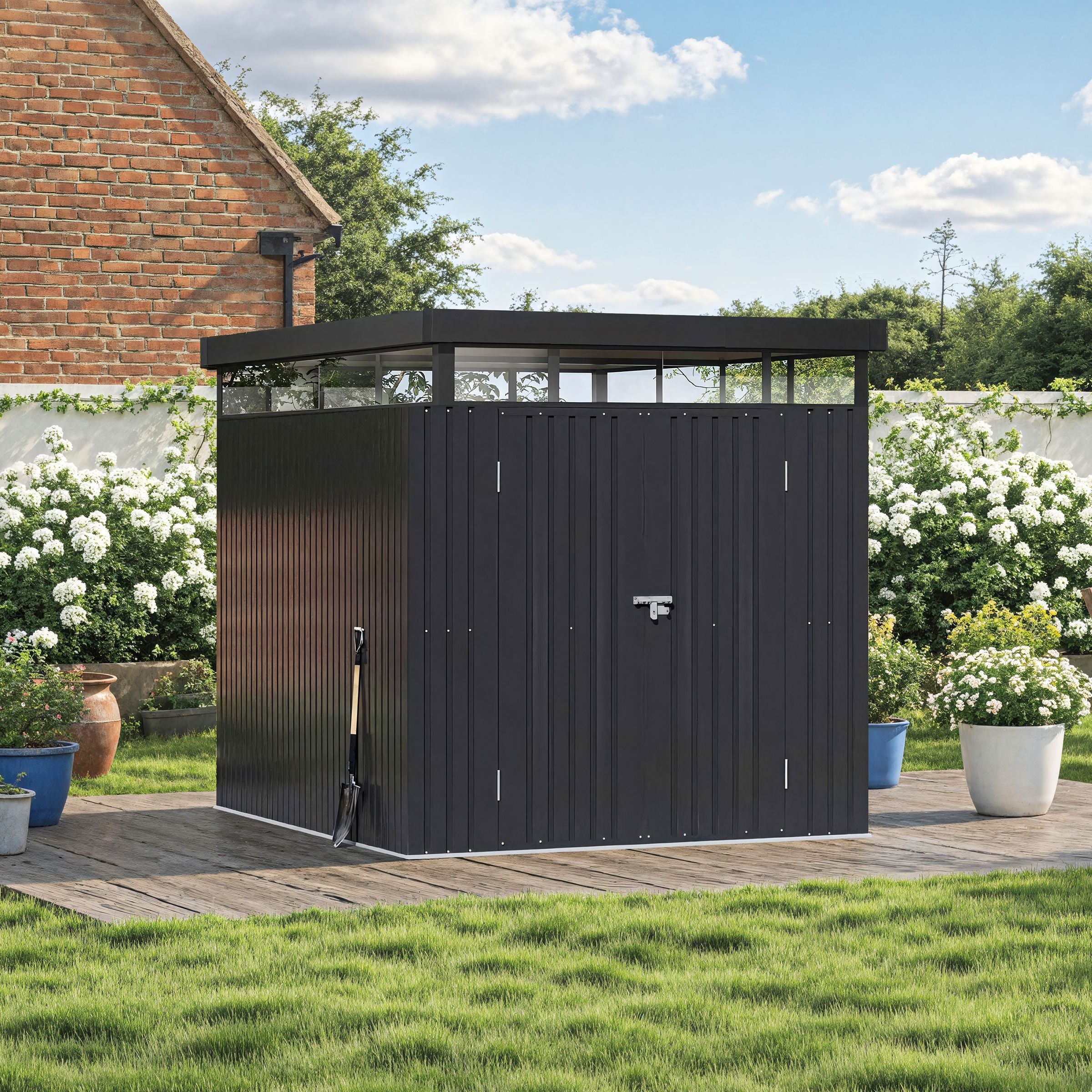 2x2.6x2m/1.6x2.6x2m/2.6x3x2m/4x3x2m Charcoal Black Galvanized Steel Storage Shed with Double/Single Lockable Doors Living and Home 