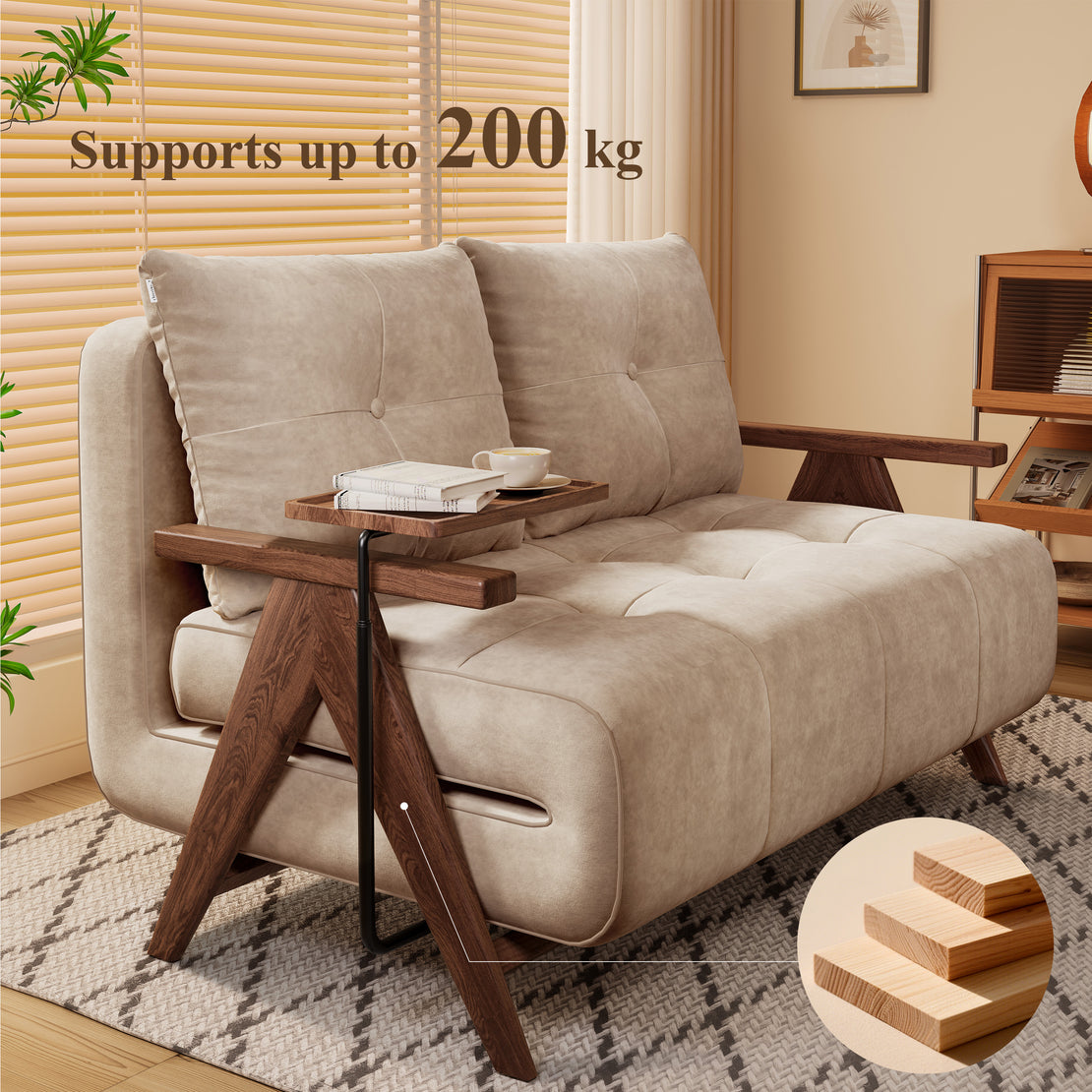 Cottonfy Foldable Matte Fabric Solid Wood 3 Mode Sofa Bed Beige Solid Wood Frame supports up to 200 kg