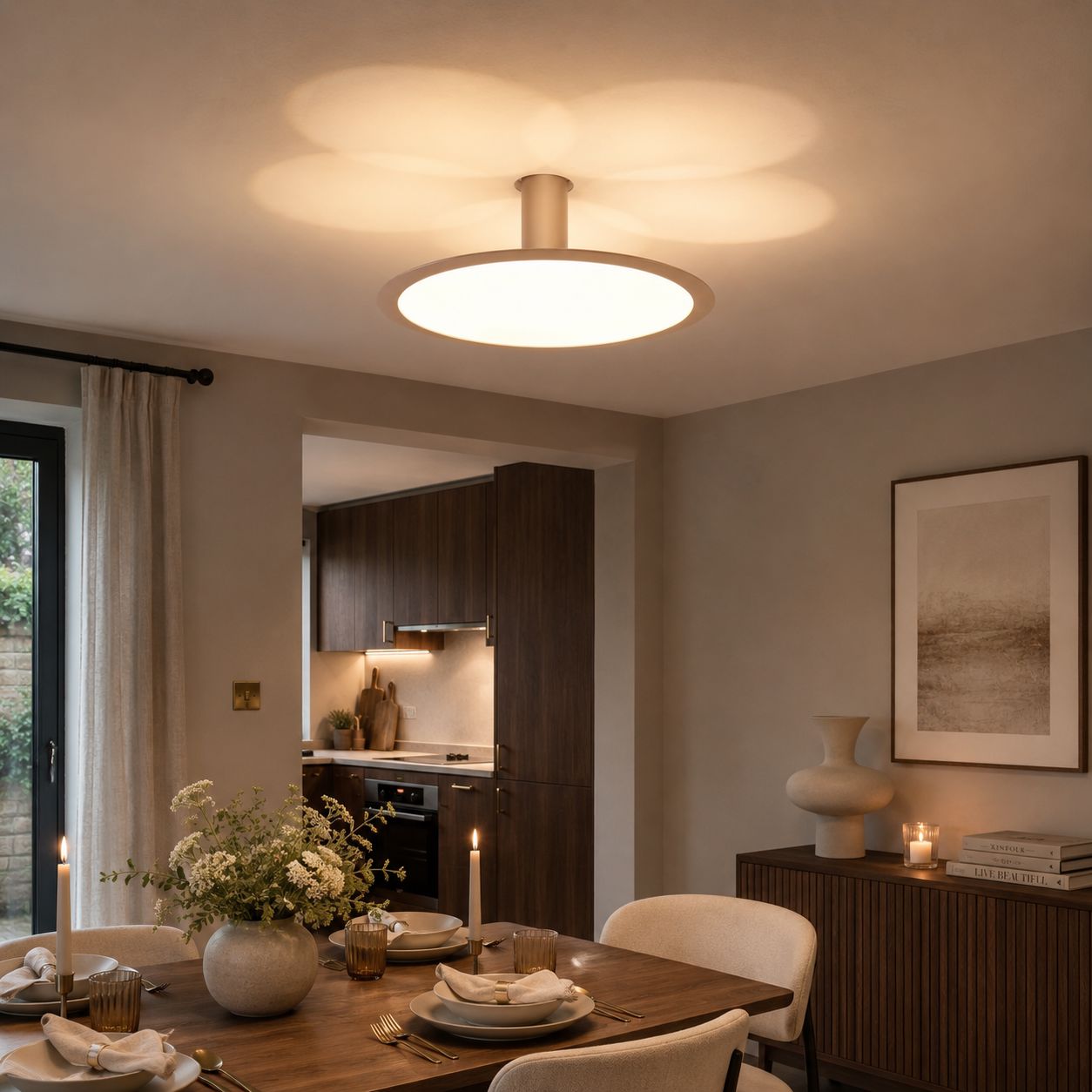 rose gold aluminum pendant light above a dining table