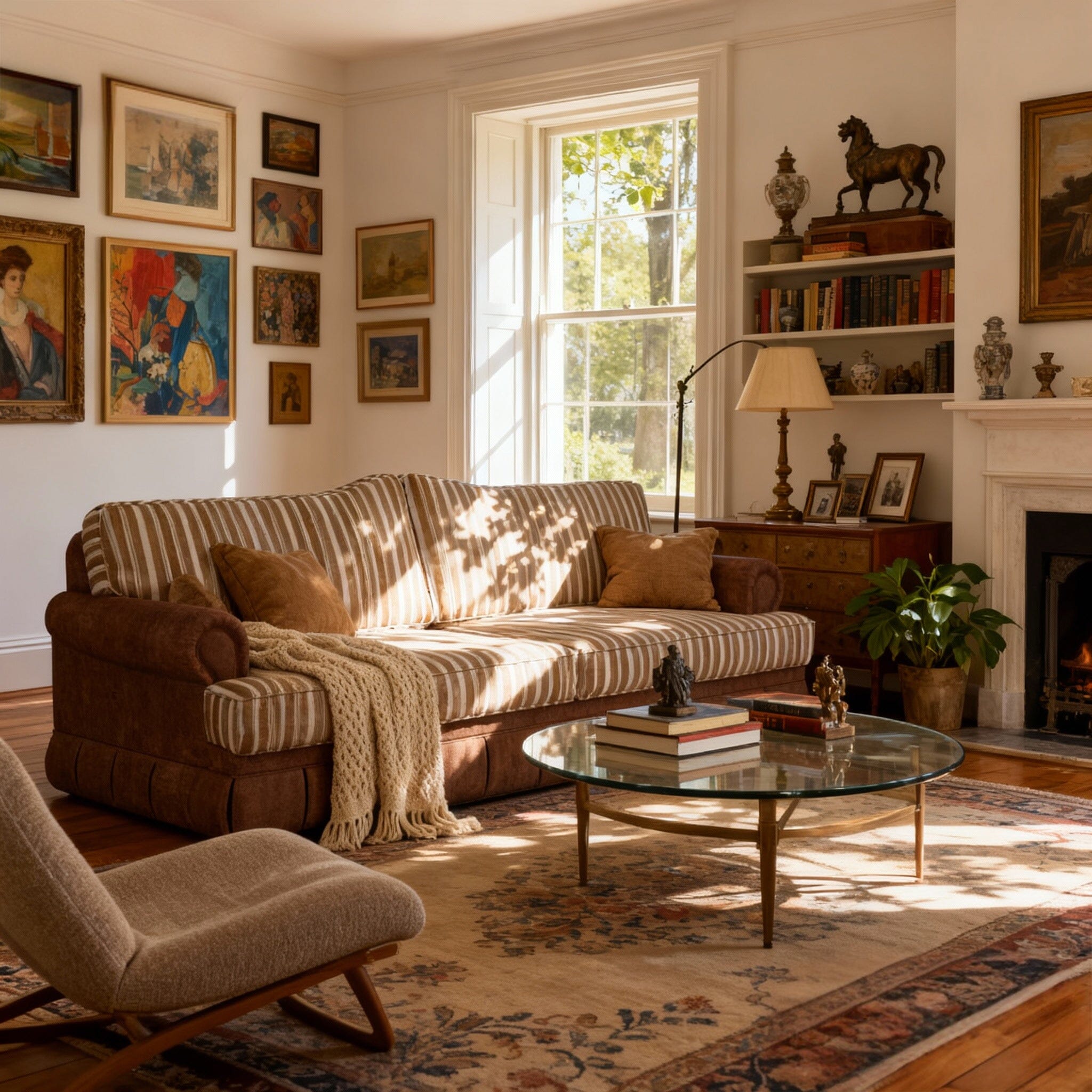 Cottonfy Heritage Plaid Skirted Sofa with Concealed Storage Drawers Living and Home 180 CM Chestnut Stripe Cotton Linen 