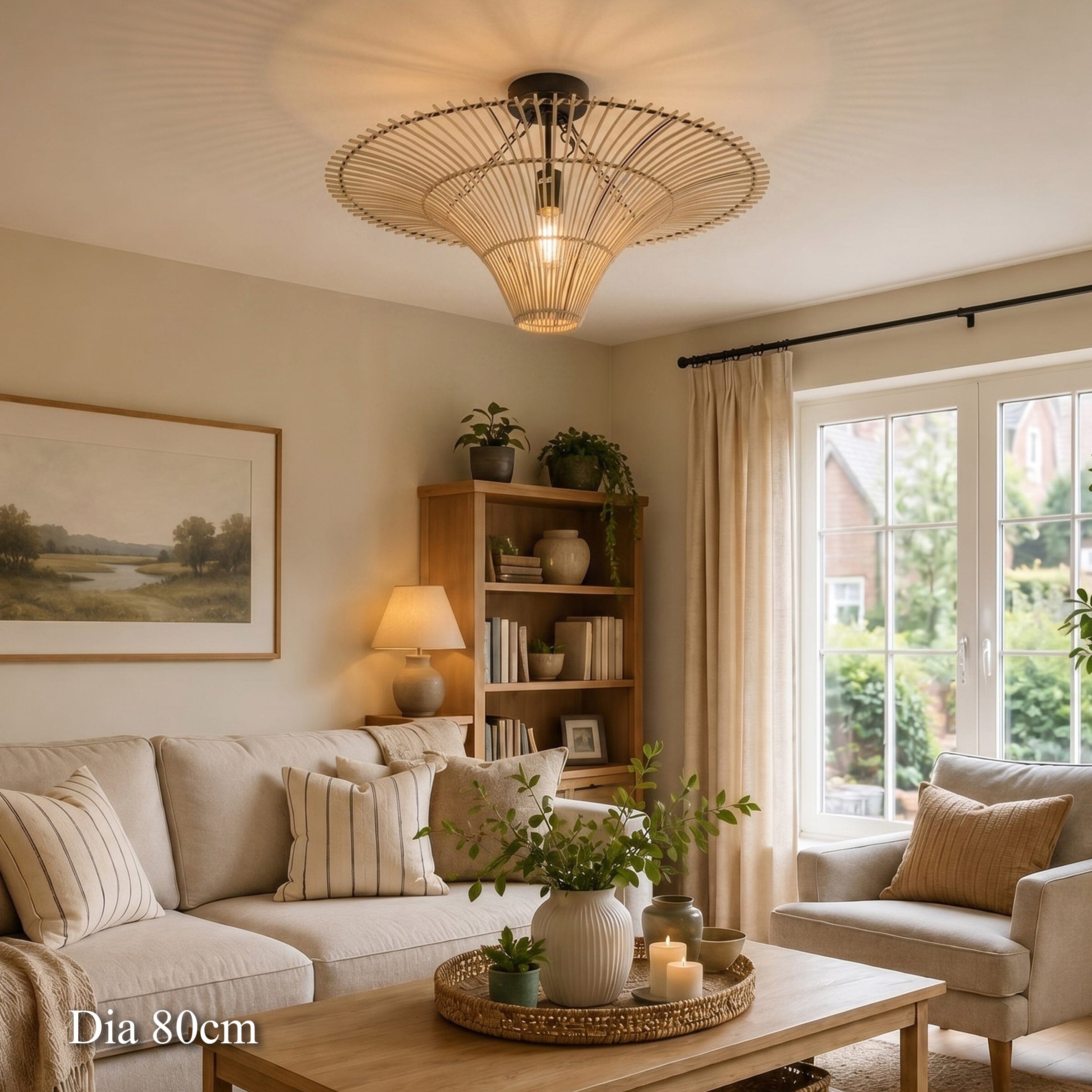 80cm rattan ceiling light above a neutral living room with sofa and shelves