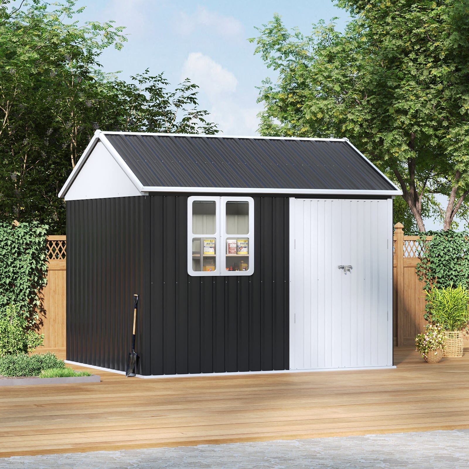 10x8FT Charcoal Black Storage Shed with Double Doors and Grid Window Living and Home 