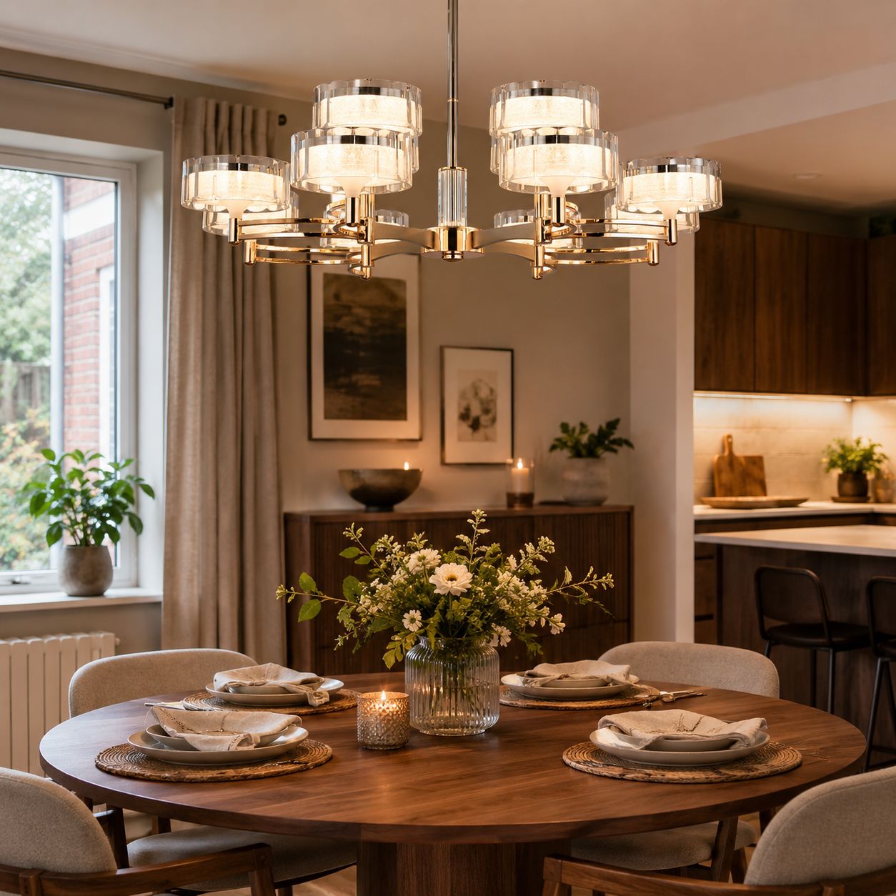 gold metal chandelier above a wooden dining table