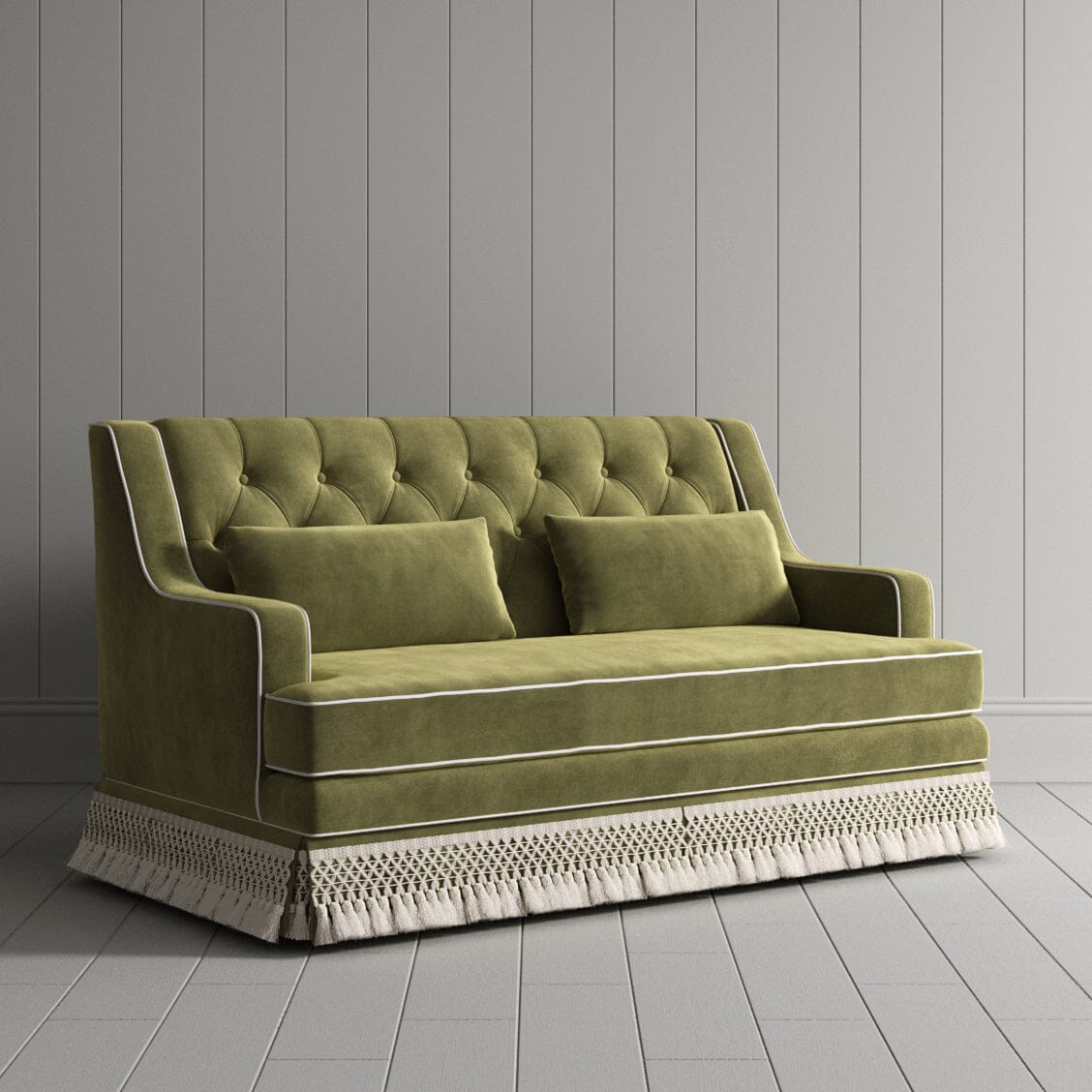 Cottonfy Country Fringe Skirt Sofa for Relaxed Home Living Cottonfy UK Olive Green Velvet 