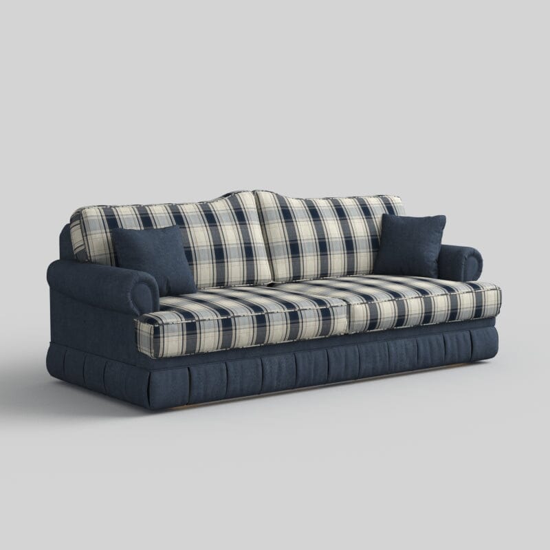 Cottonfy Heritage Plaid Skirted Sofa with Concealed Storage Drawers Living and Home 180 CM Navy Plaid Cotton Linen 