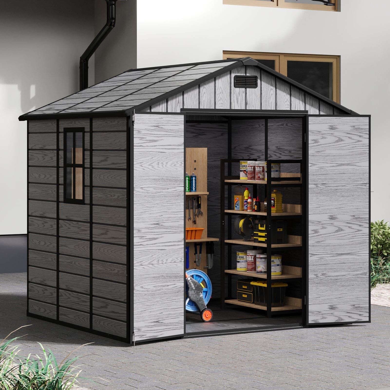 8x6ft / 8x8ft Plastic Outdoor Apex Roof Tool Shed with Dual-door (Ver.2) Living and Home 
