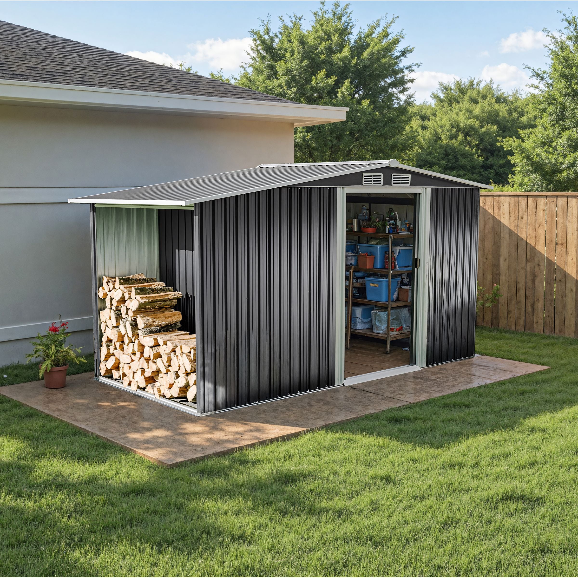 4×8/ 6×8 / 8×8/ 10×8ft Steel Garden Storage Bike Shed with Gable Roof Top Air Circulation Design Garden Sheds Living and Home 