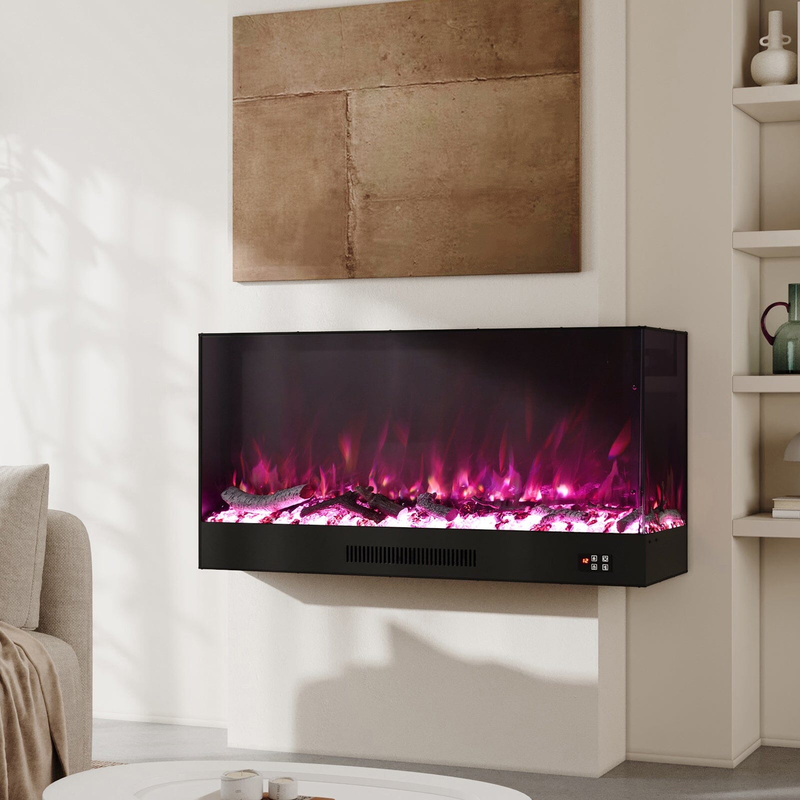 46/60inch L-Shaped Electric Fireplace – WiFi Control, LED Display, Resin Logs & Crystal Stones with Heating Living and Home 60inch 