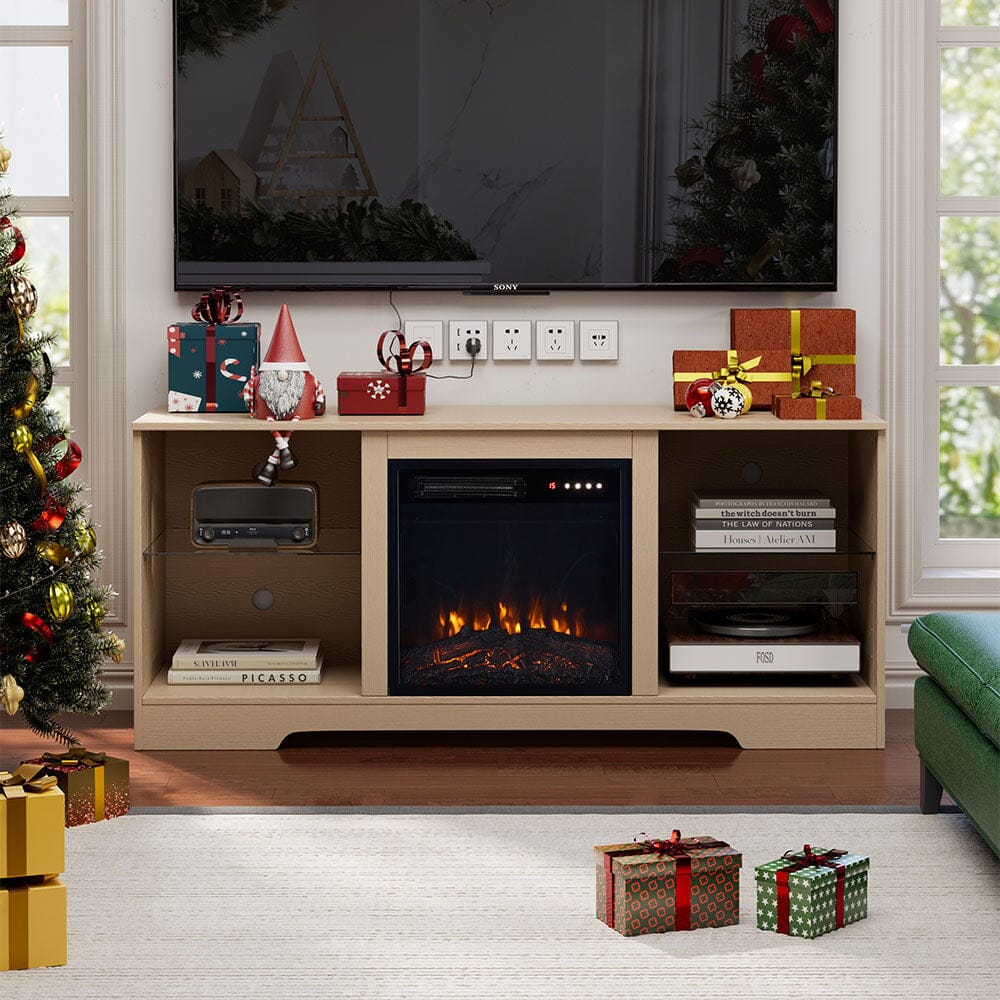 Wood Grain Fireplace Cabinet with 18inch Electric Fire | Touchscreen-enabled & remote-controlled Living and Home Fireplace + Cabinet Light wood grain 